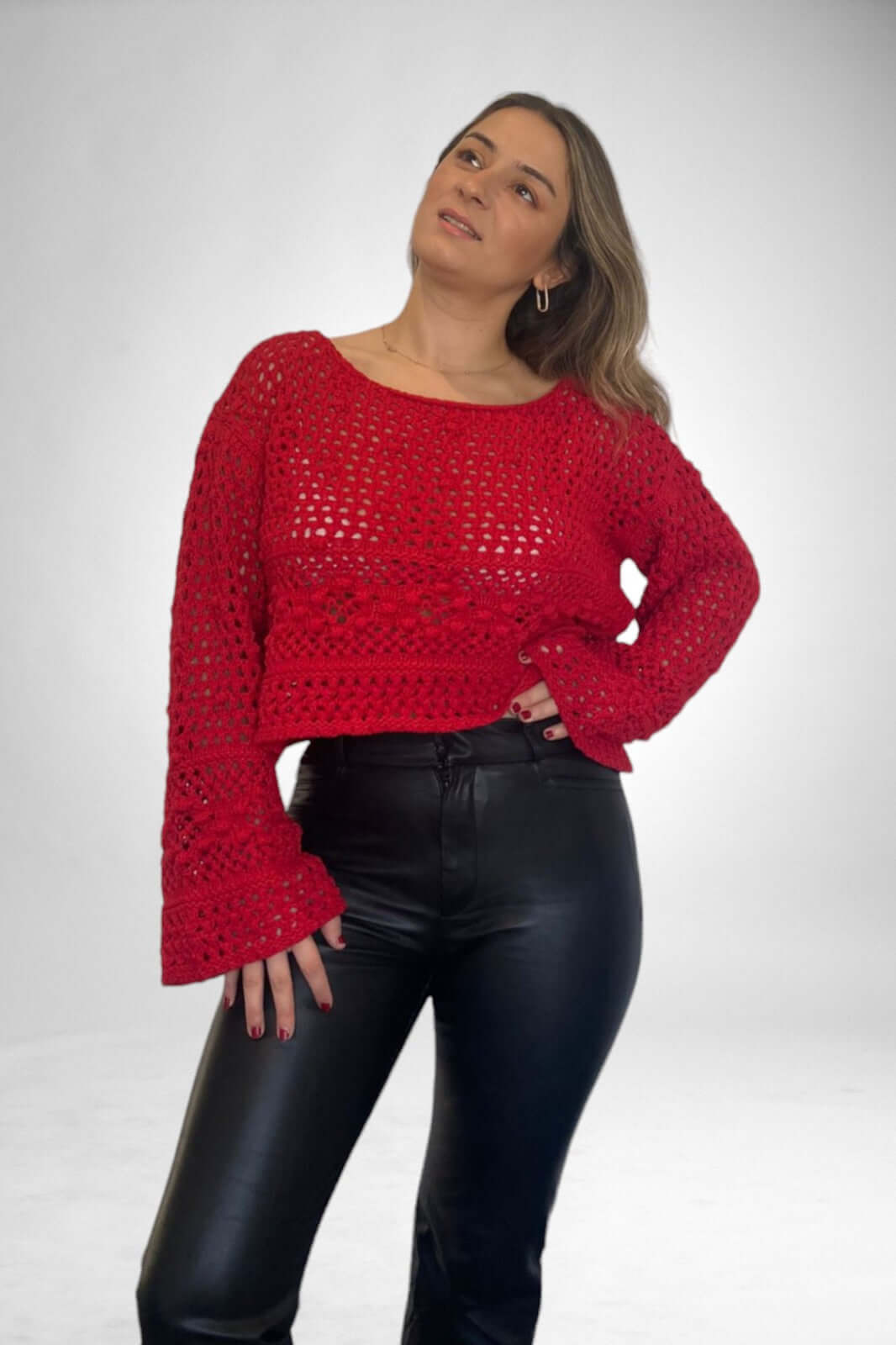 Openwork Sweater with Pompom-Red