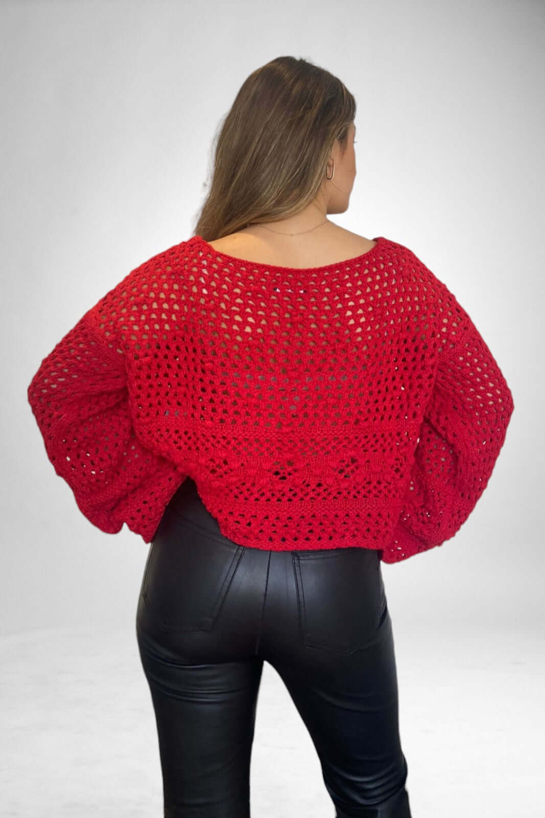 Openwork Sweater with Pompom-Red