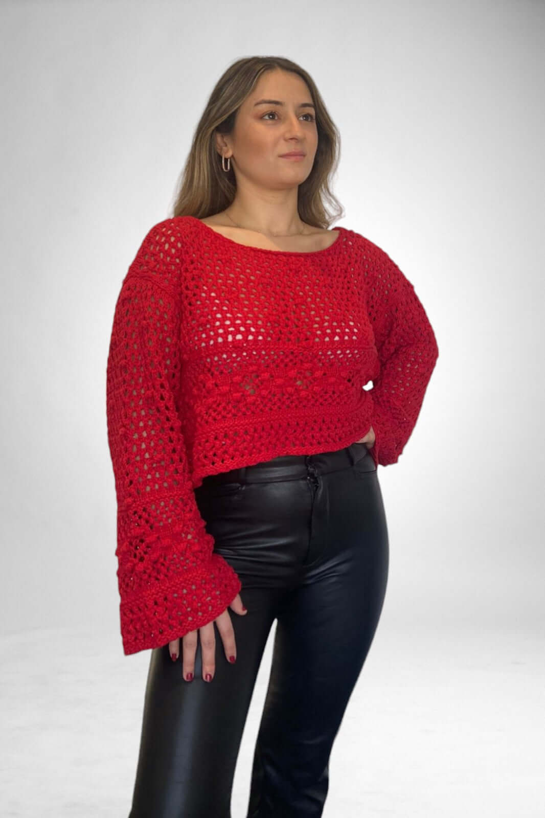 Openwork Sweater with Pompom-Red