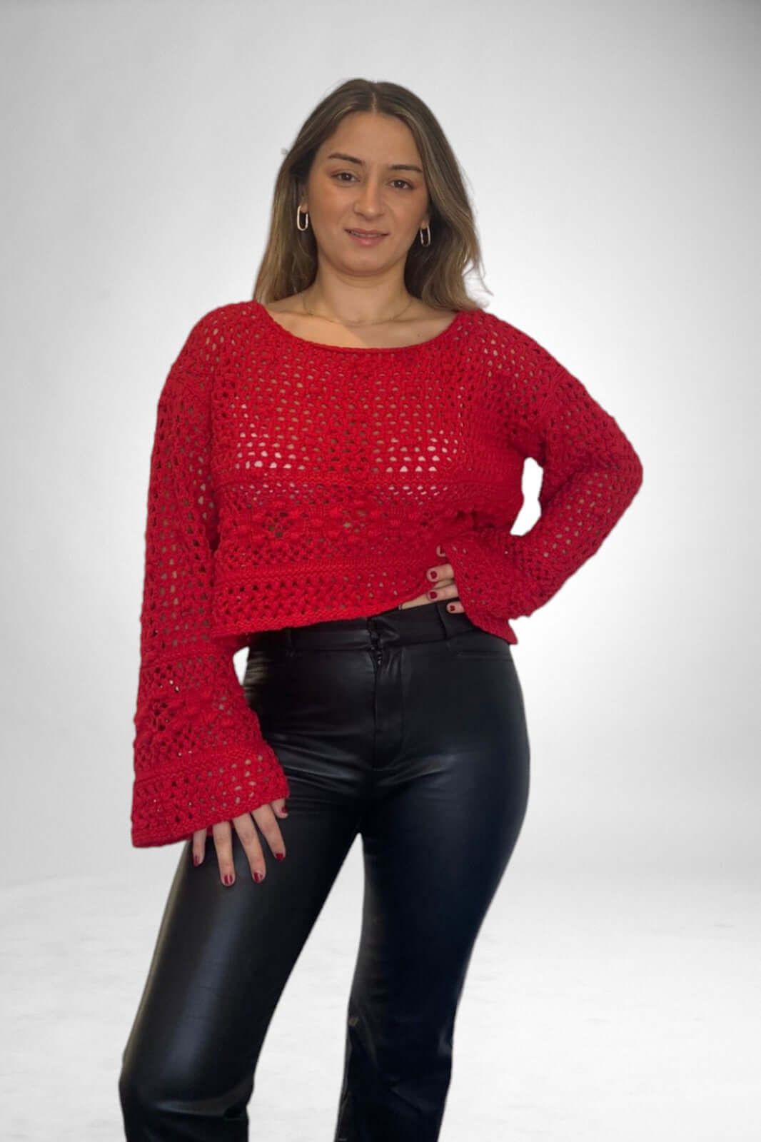 Openwork Sweater with Pompom-Red