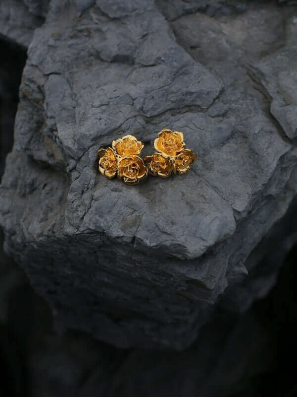 Shiny Double Rose Brass Earrings