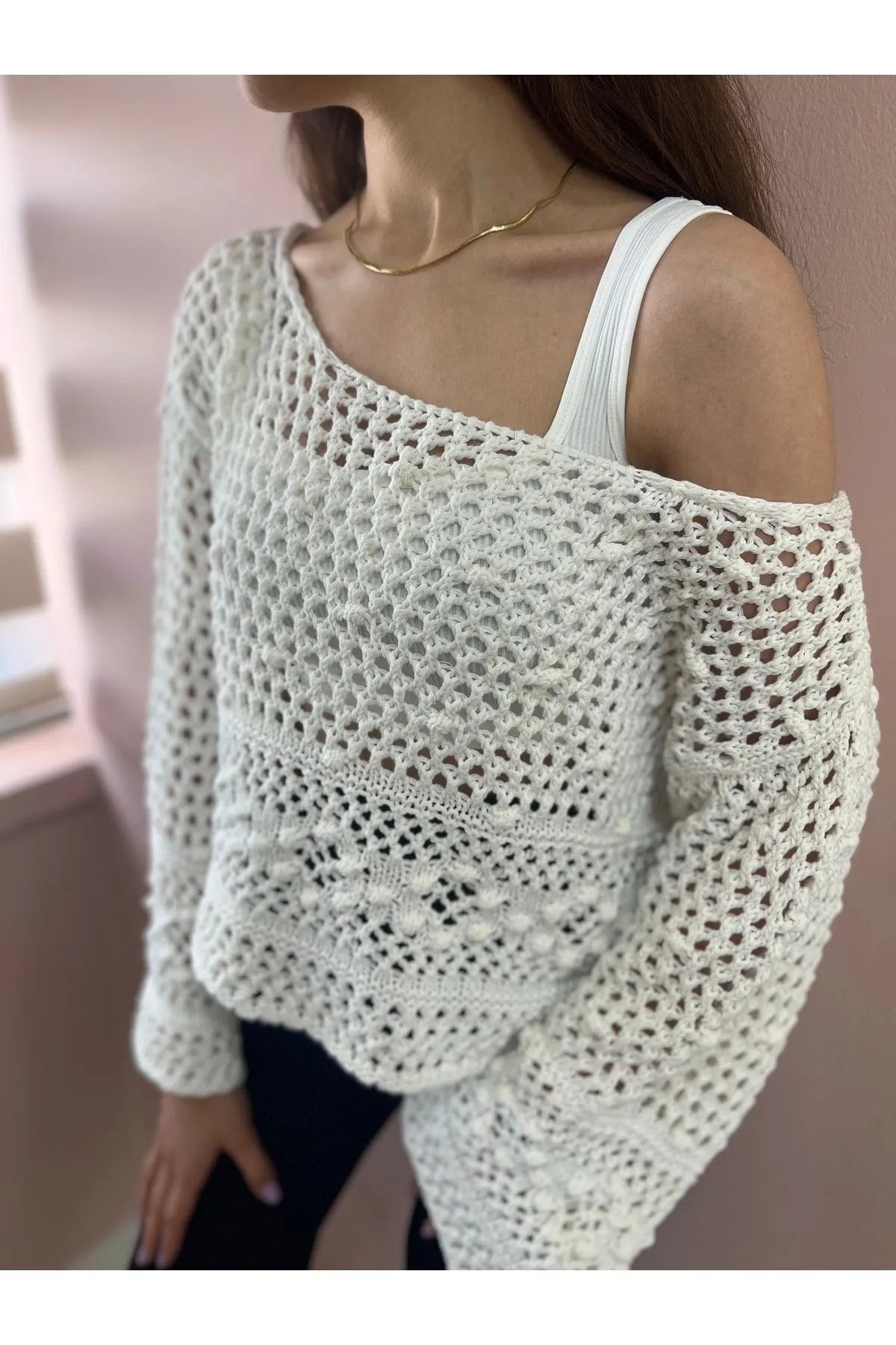 Openwork Sweater with Pompom-Ecru