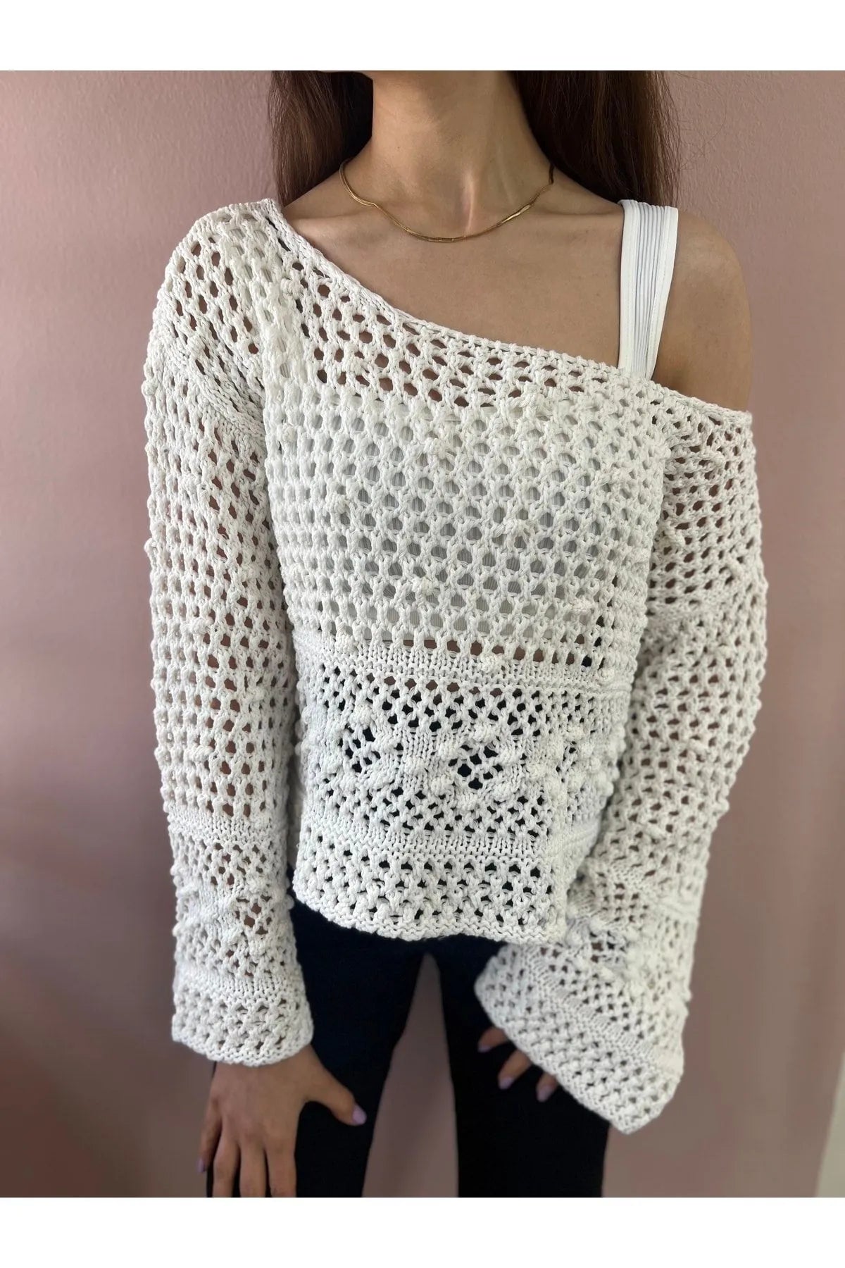 Openwork Sweater with Pompom-Ecru