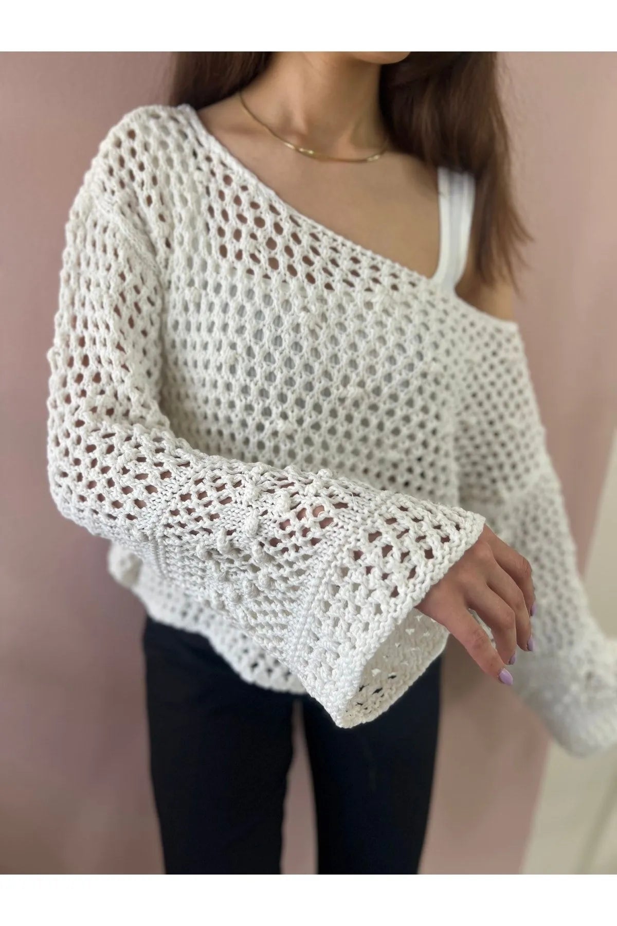 Openwork Sweater with Pompom-Ecru