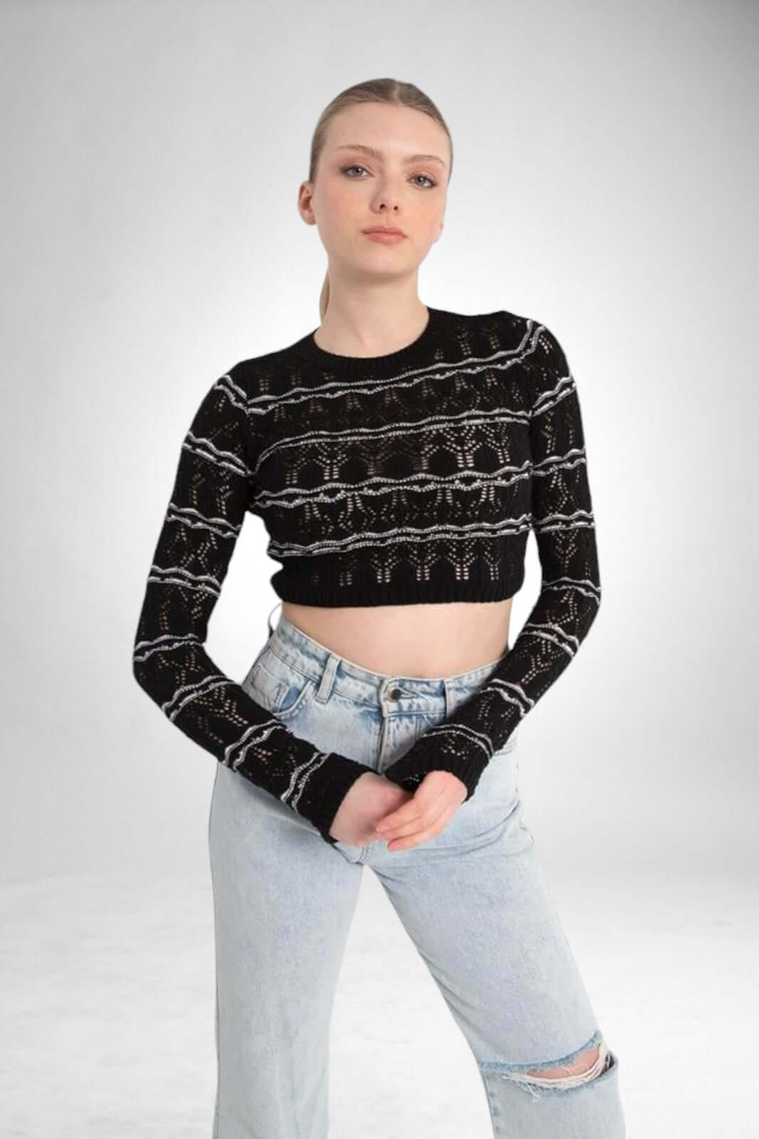 Perforated Striped Knitwear Sweater