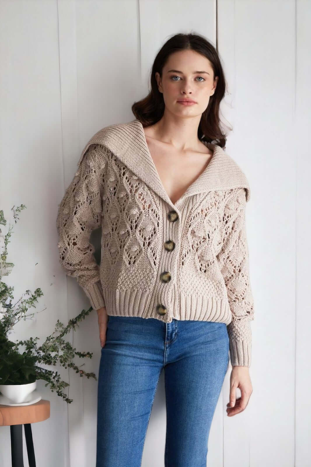 Handkerchief Neck Cardigan-Beige