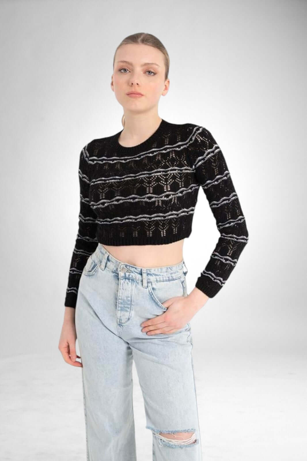 Perforated Striped Knitwear Sweater