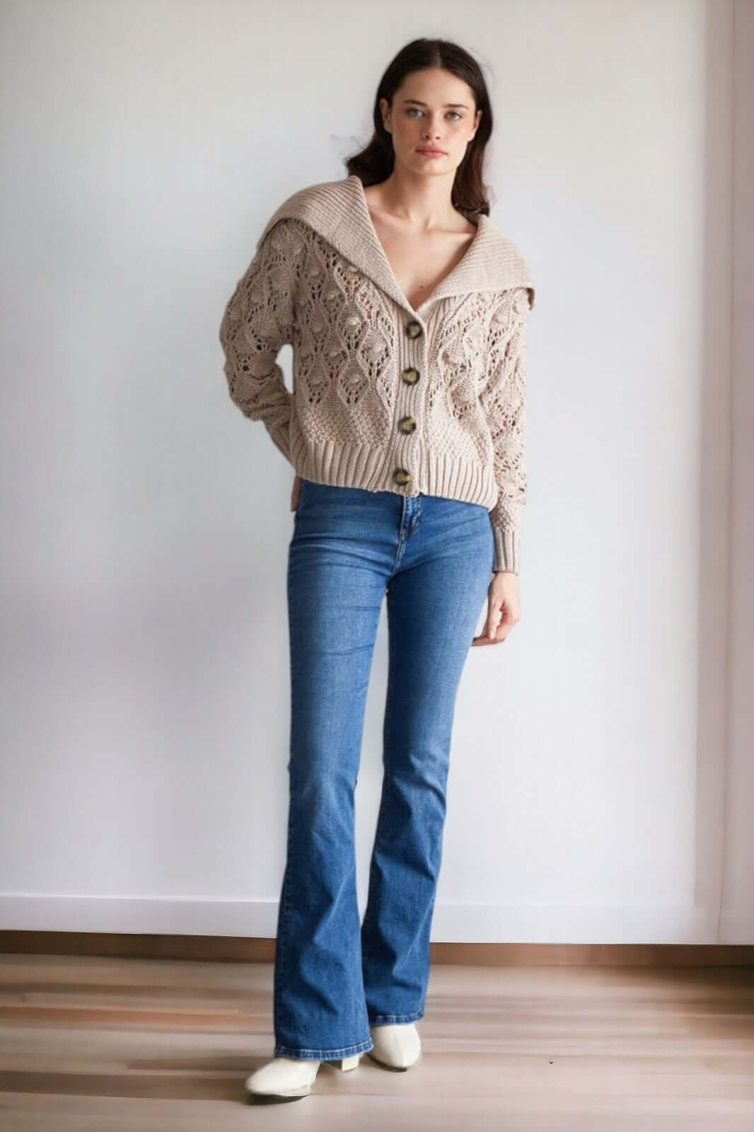 Handkerchief Neck Cardigan-Beige