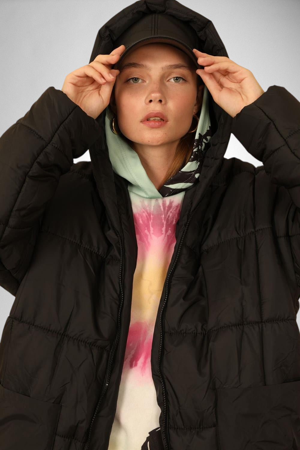 Oversized Hooded Long Puffer Anorak - Black