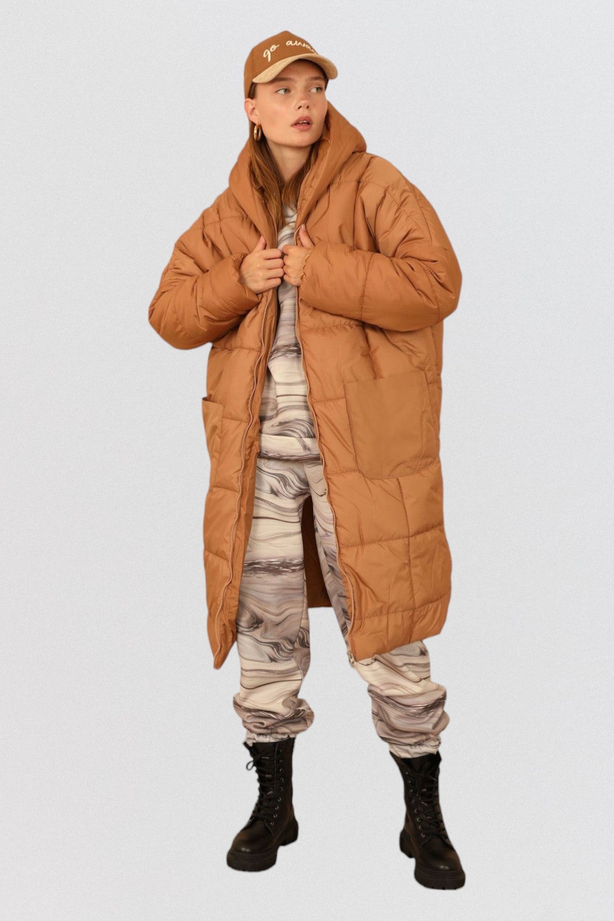 Oversized Hooded Long Puffer Anorak - Camel