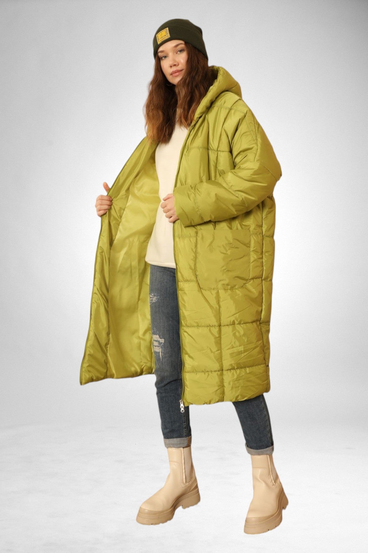 Oversized Hooded Long Puffer Anorak - Oil Green