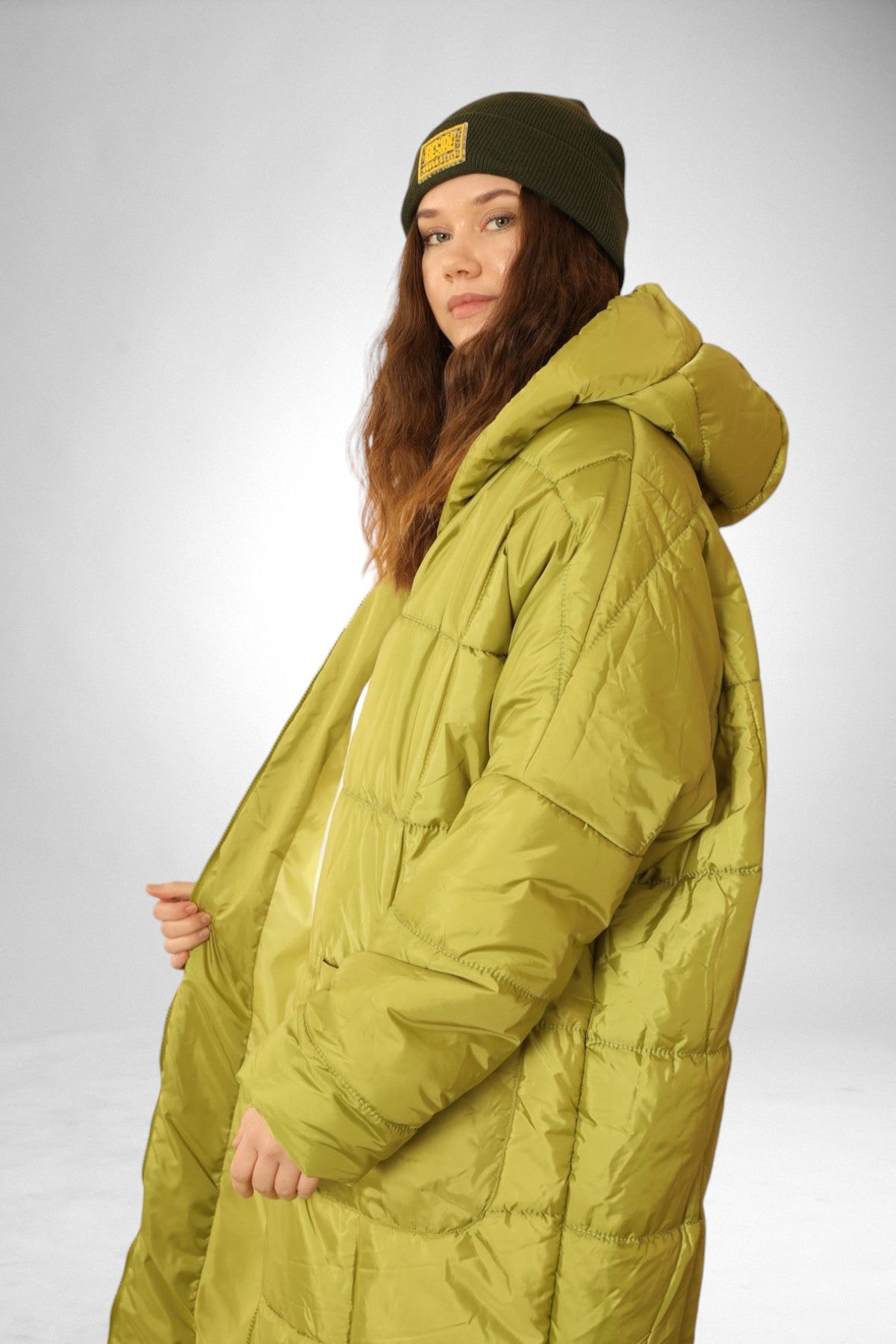 Oversized Hooded Long Puffer Anorak - Oil Green