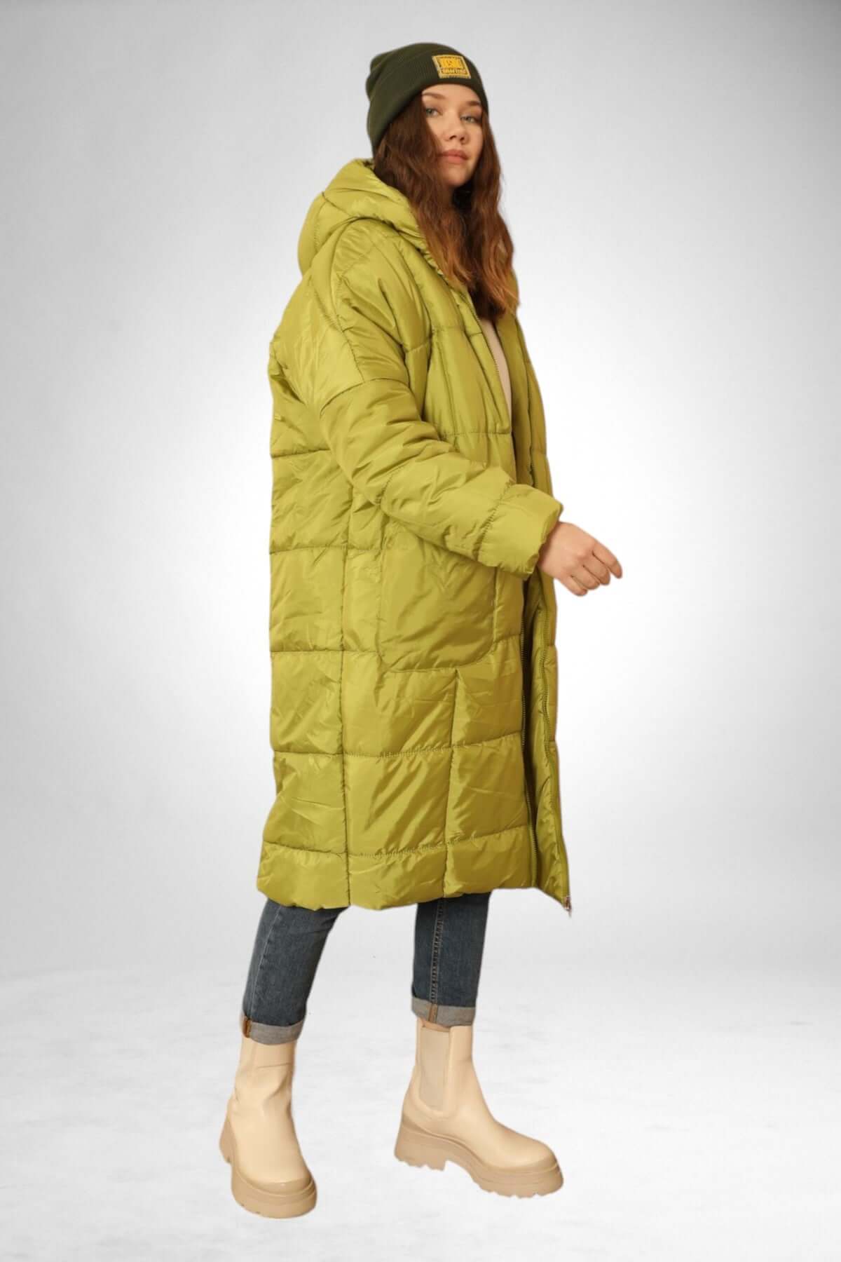 Oversized Hooded Long Puffer Anorak - Oil Green