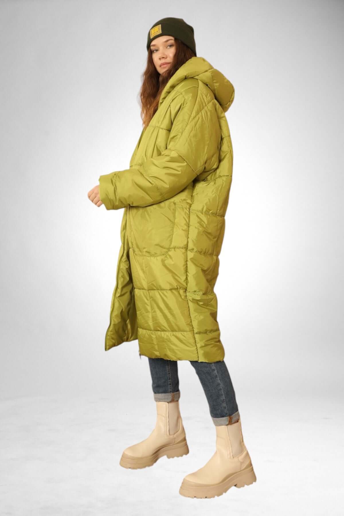 Oversized Hooded Long Puffer Anorak - Oil Green