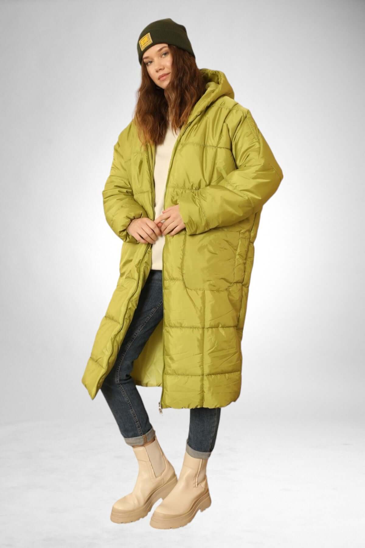 Oversized Hooded Long Puffer Anorak - Oil Green