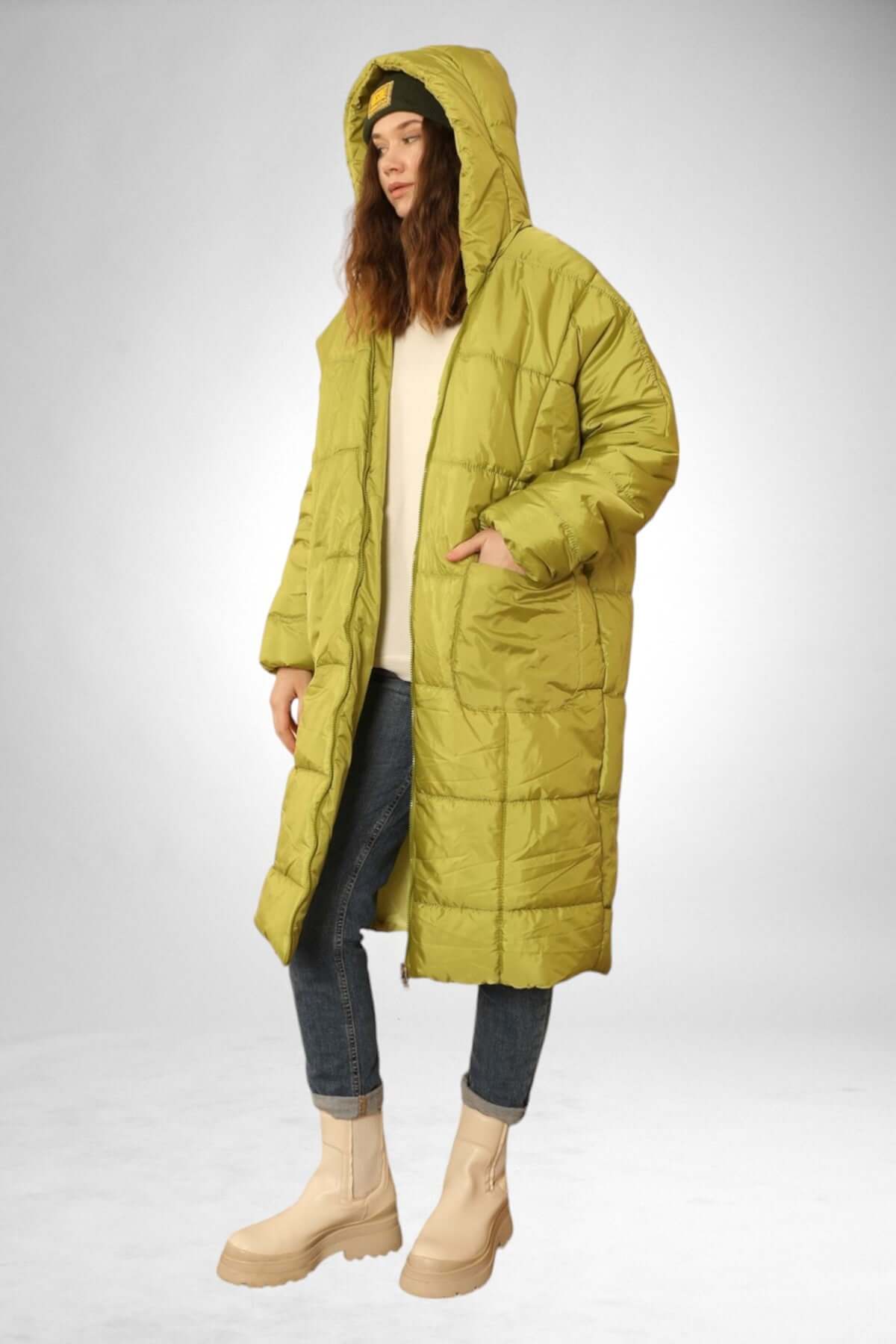 Oversized Hooded Long Puffer Anorak - Oil Green