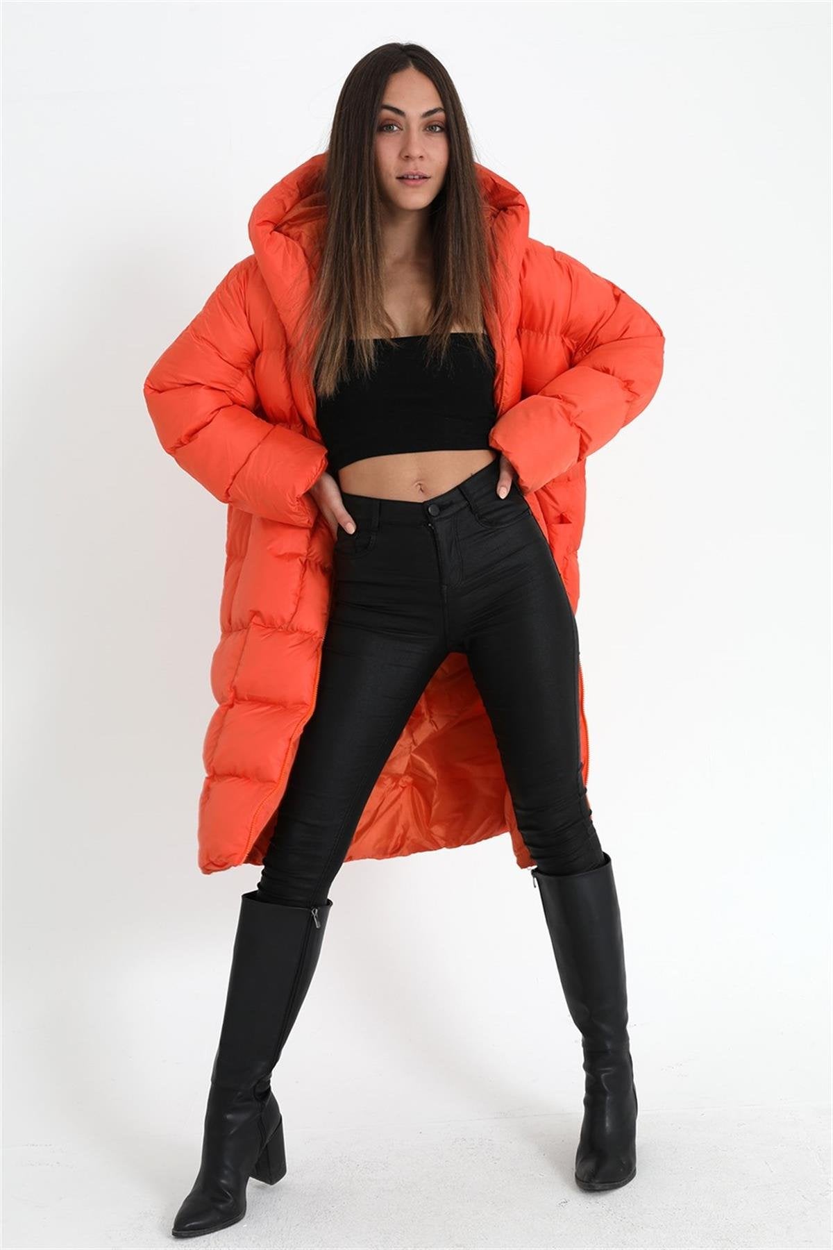 Oversized Hooded Long Puffer Anorak - Orange