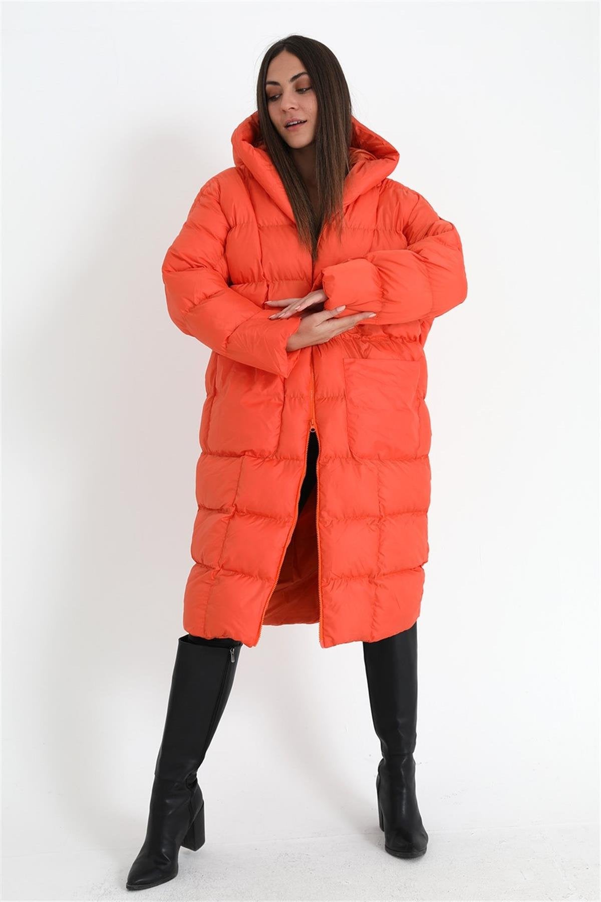 Oversized Hooded Long Puffer Anorak - Orange