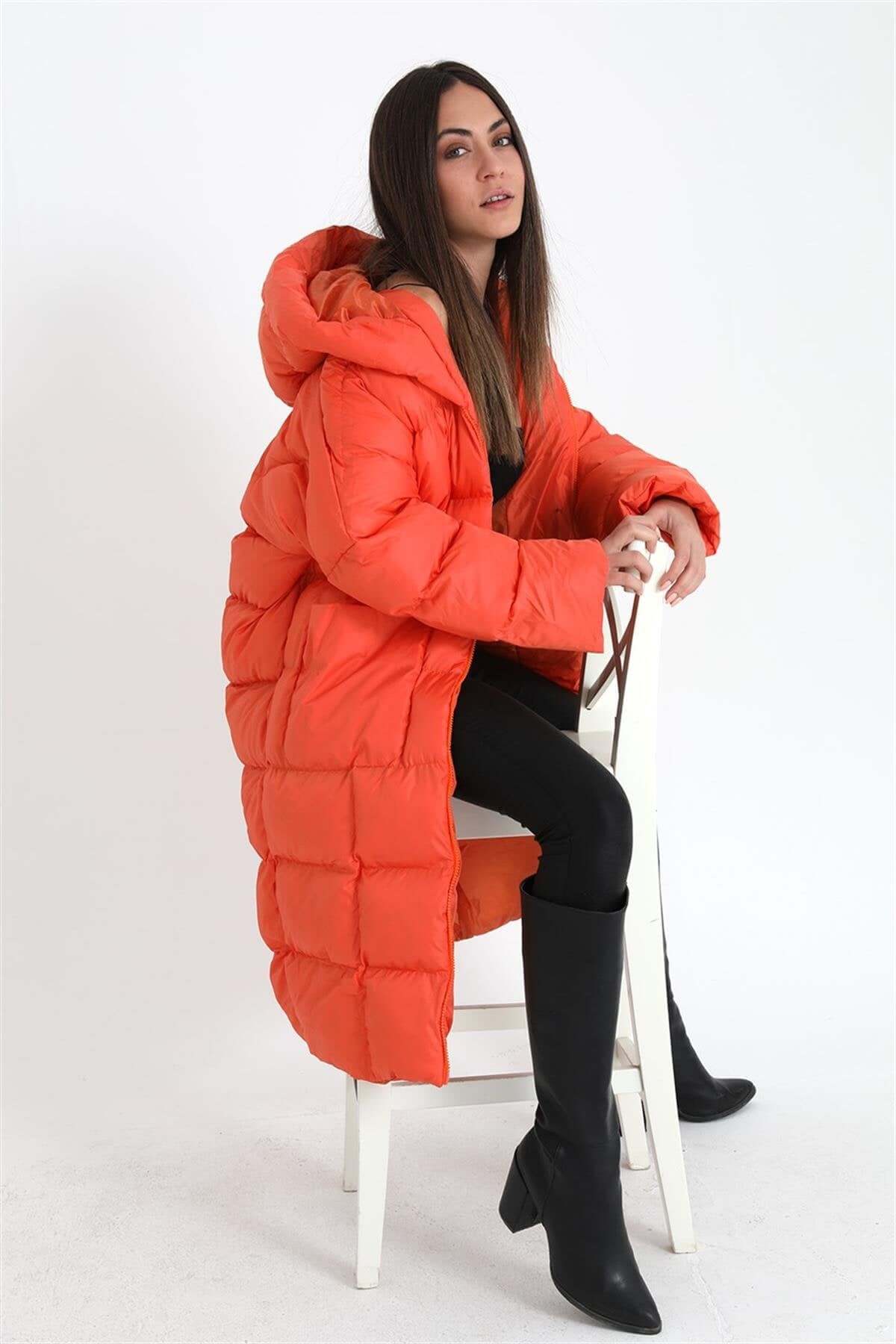 Oversized Hooded Long Puffer Anorak - Orange