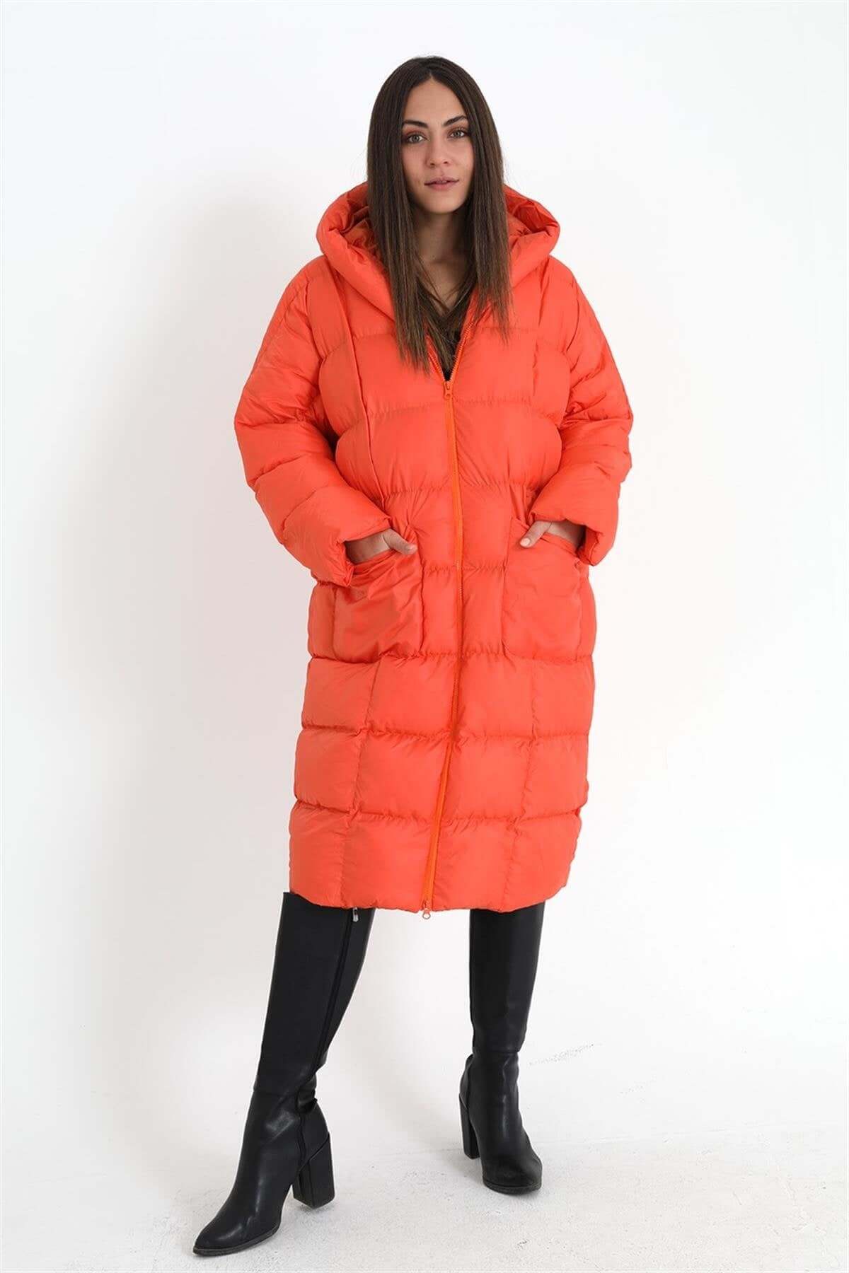 Oversized Hooded Long Puffer Anorak - Orange