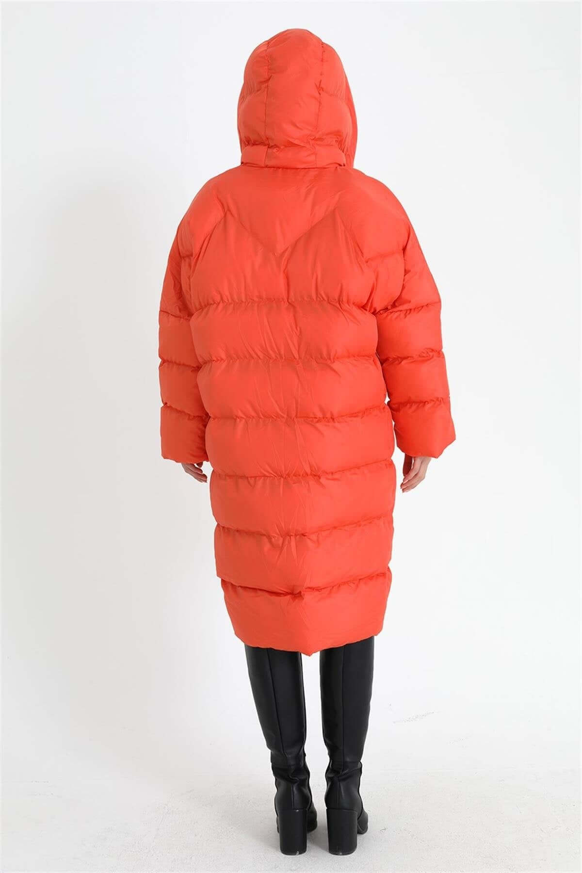 Oversized Hooded Long Puffer Anorak - Orange