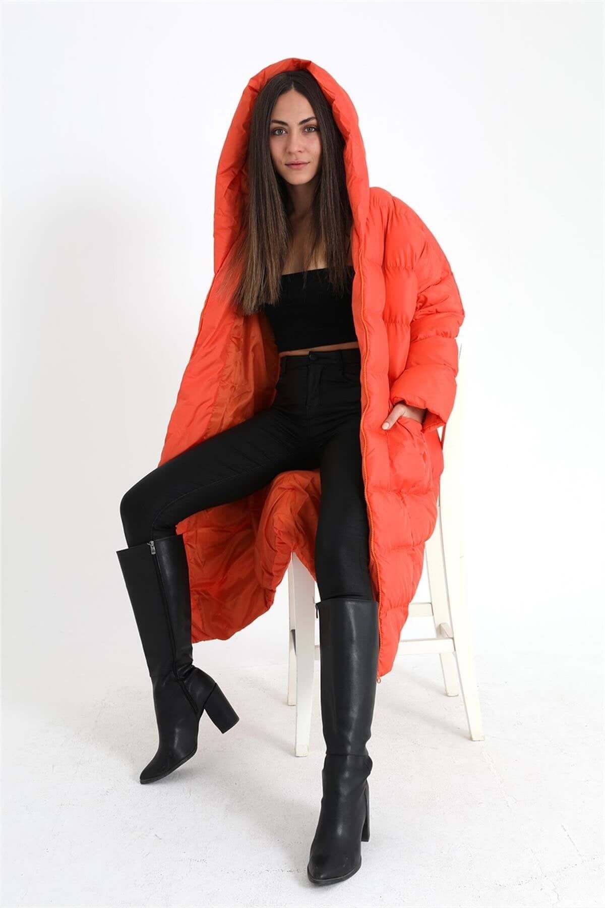 Oversized Hooded Long Puffer Anorak - Orange