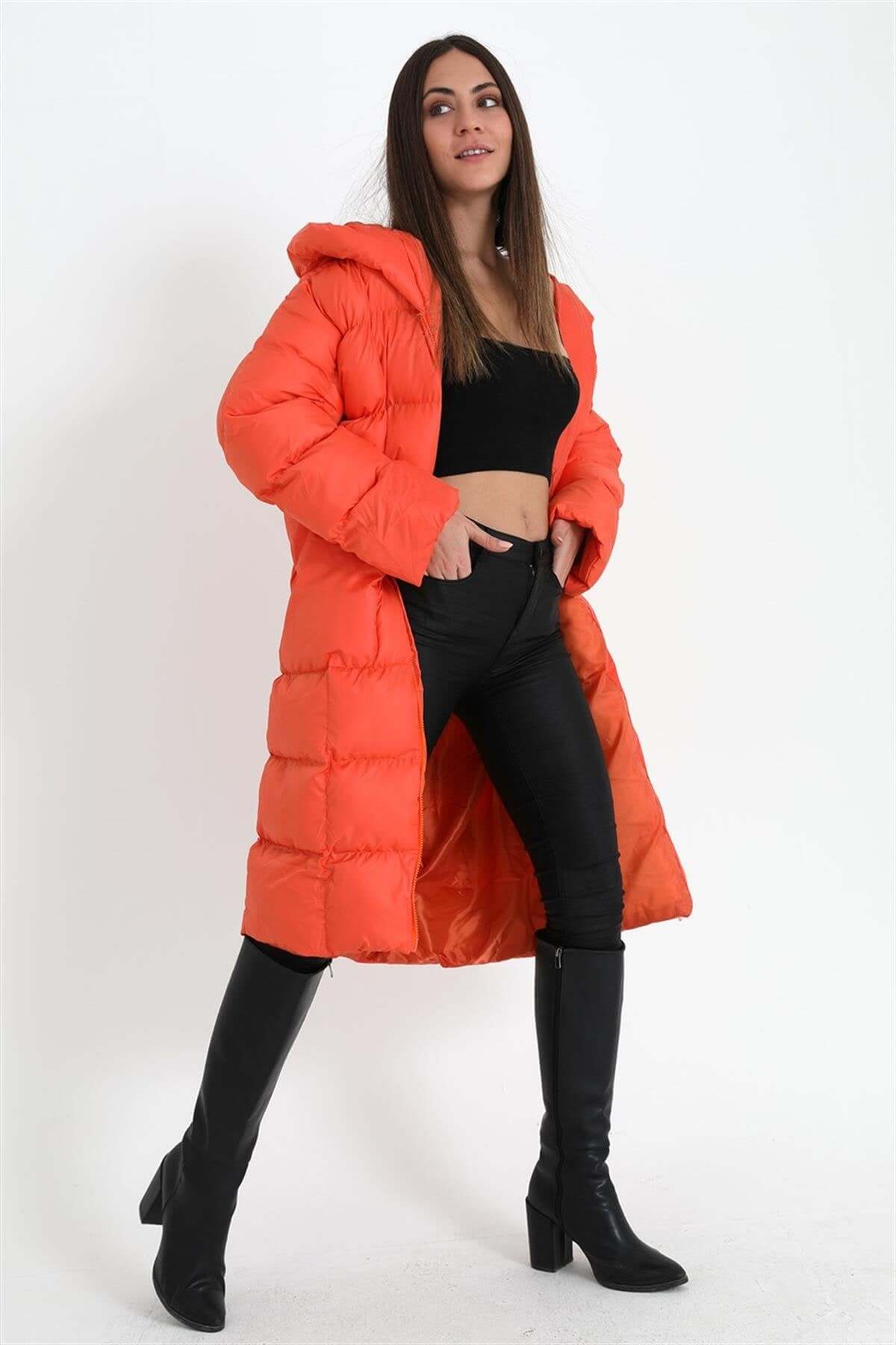 Oversized Hooded Long Puffer Anorak - Orange