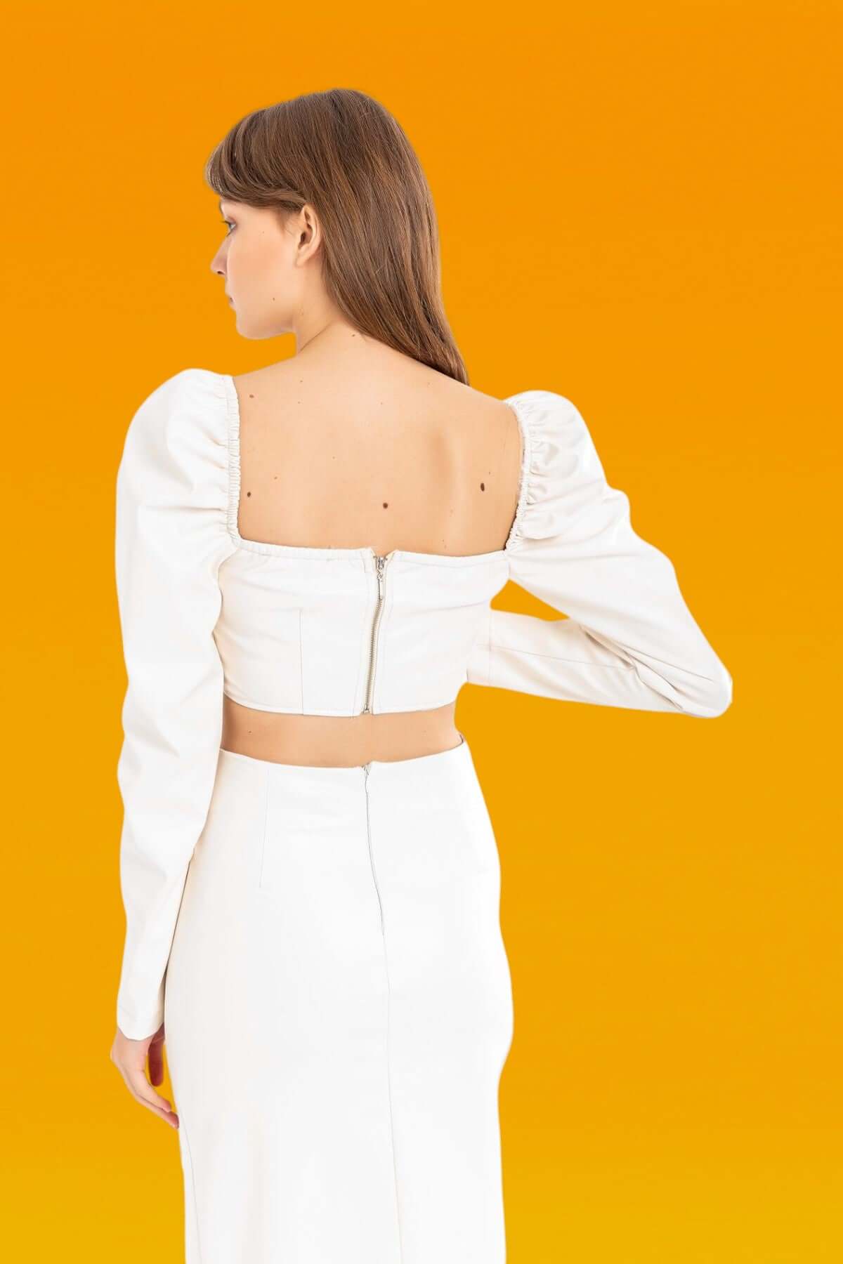 Faux Leather Long Sleeve Strapless Crop - Ecru