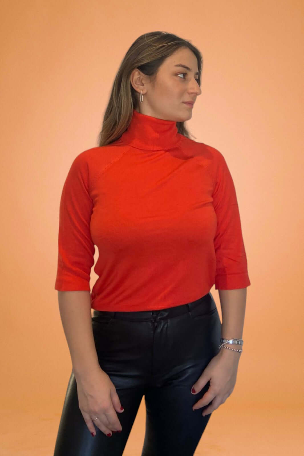 Turtleneck Basic Sweater-Coral