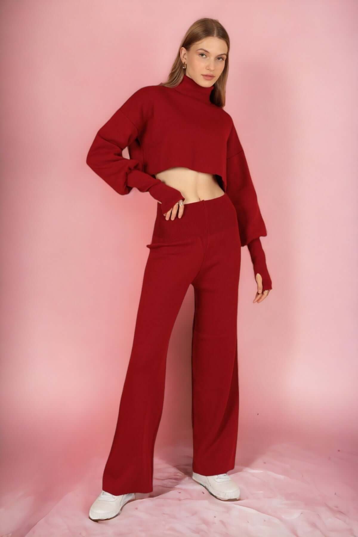 Knitted Crop Turtleneck Sweater with Puff Sleeve-Red