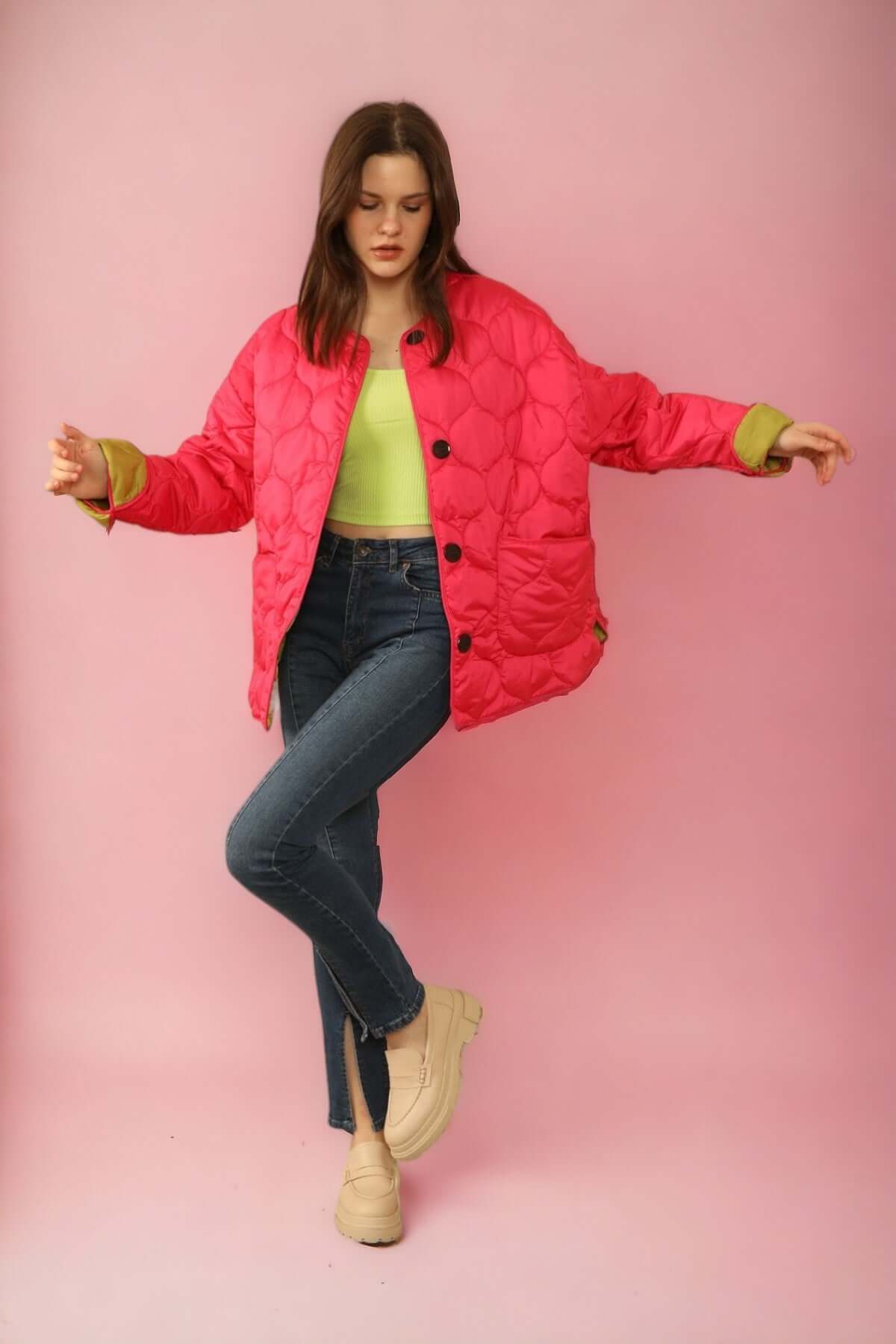 Reversible Quilted Jacket - Fuschia/Green