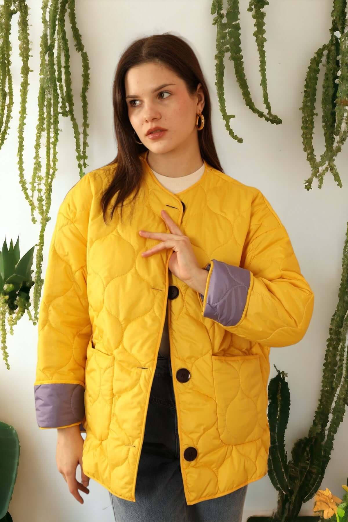 Reversible Quilted Jacket - Yellow/Lilac