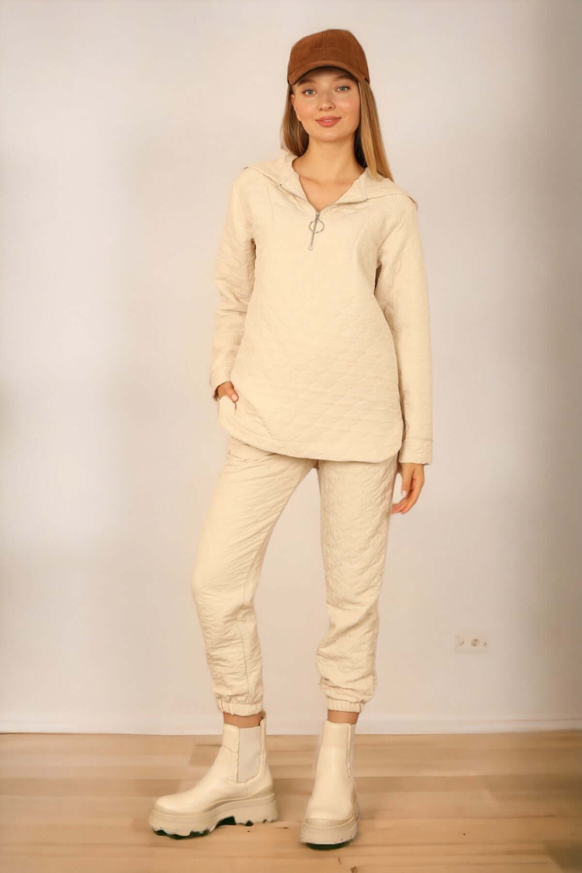 Jacquard Fabric Plus Size Tracksuit Top - Beige