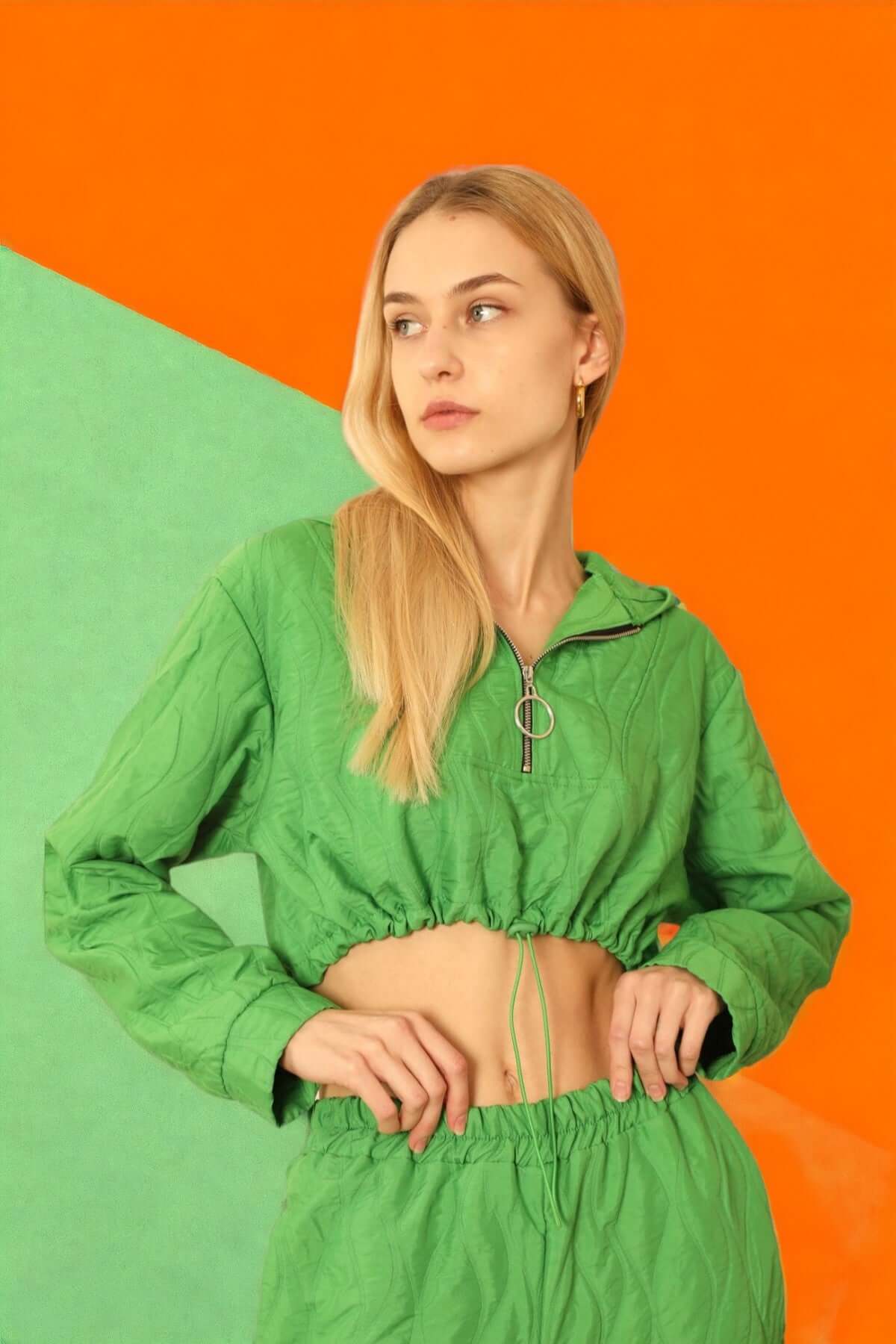 Quilted Cropped Hoodie - Green