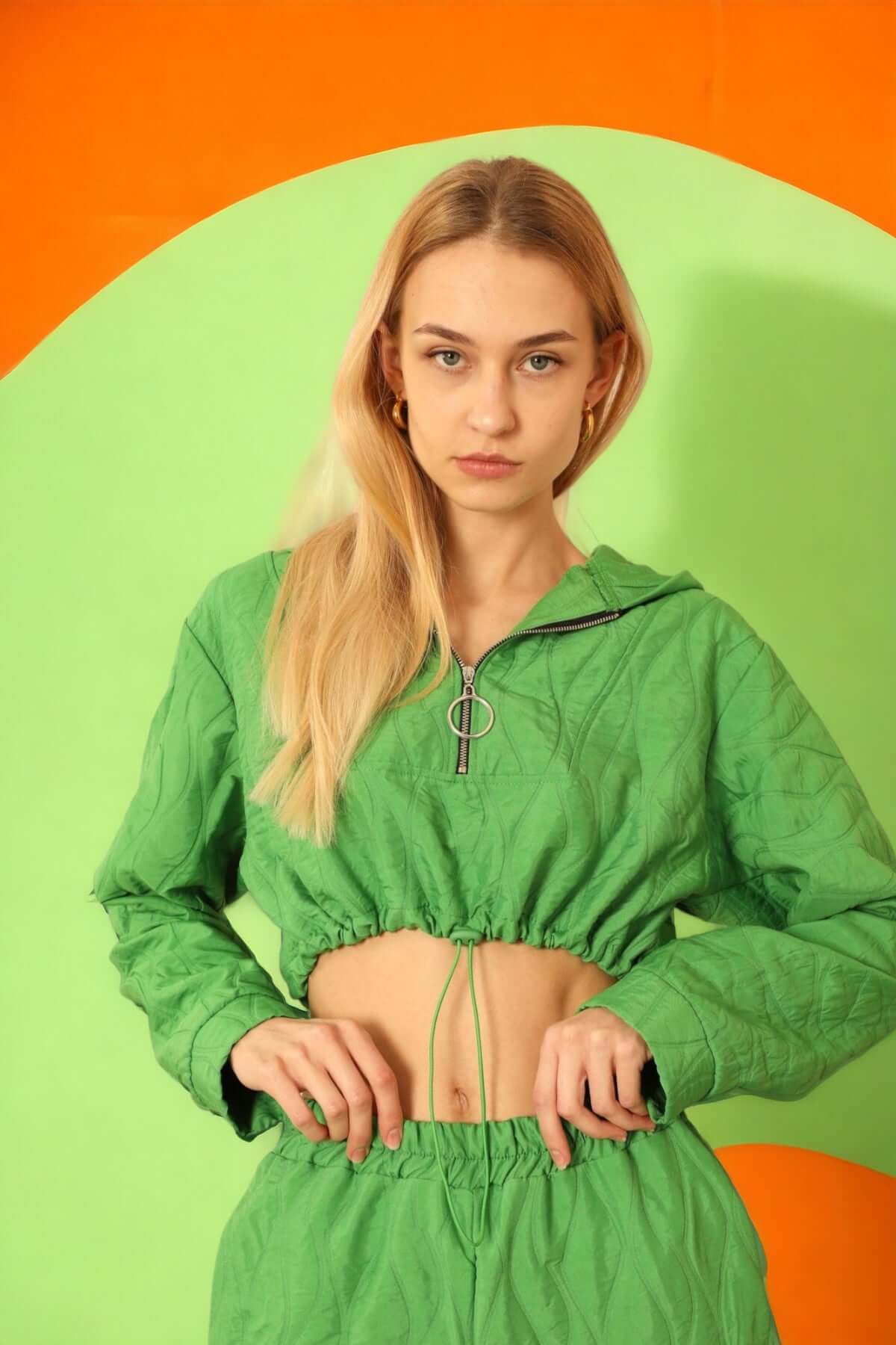 Quilted Cropped Hoodie - Green