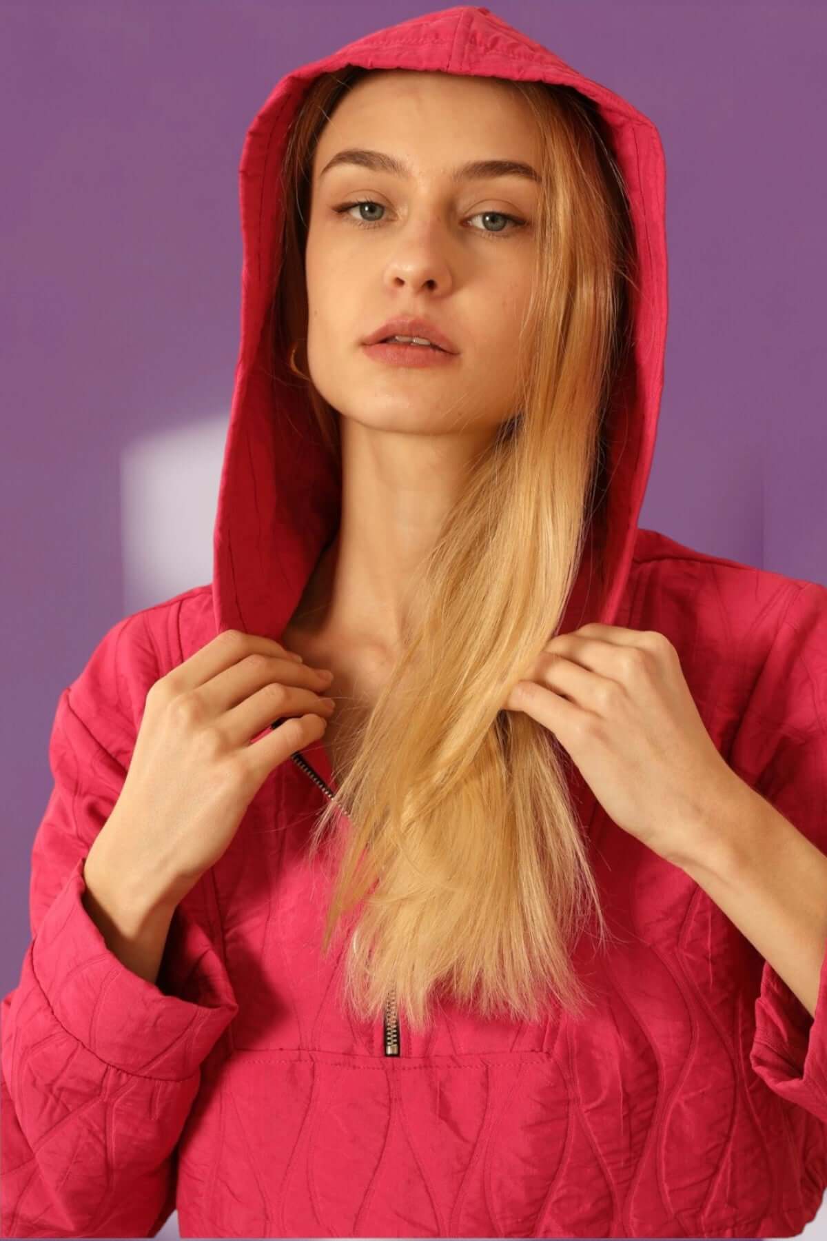 Quilted Cropped Hoodie - Fuschia