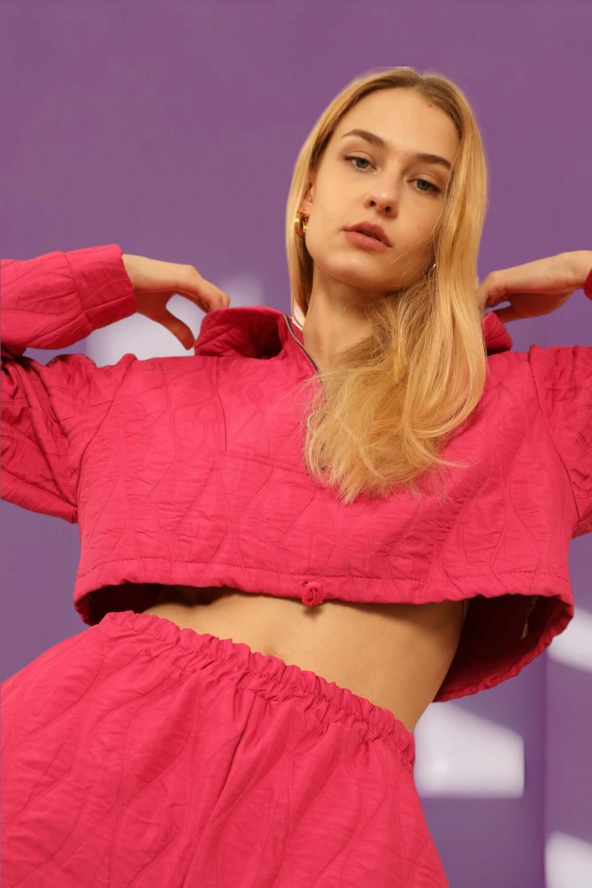 Quilted Cropped Hoodie - Fuschia