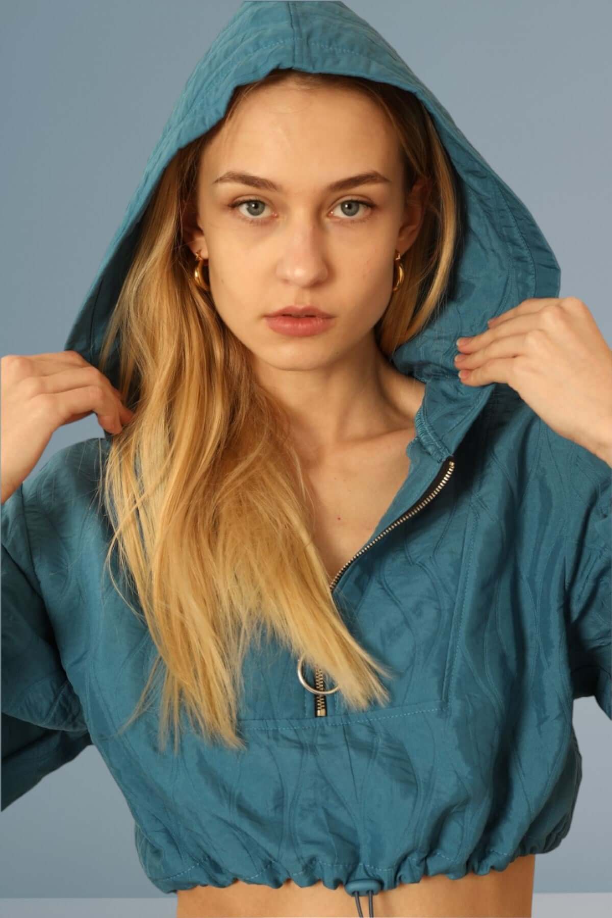 Quilted Cropped Hoodie - Indigo