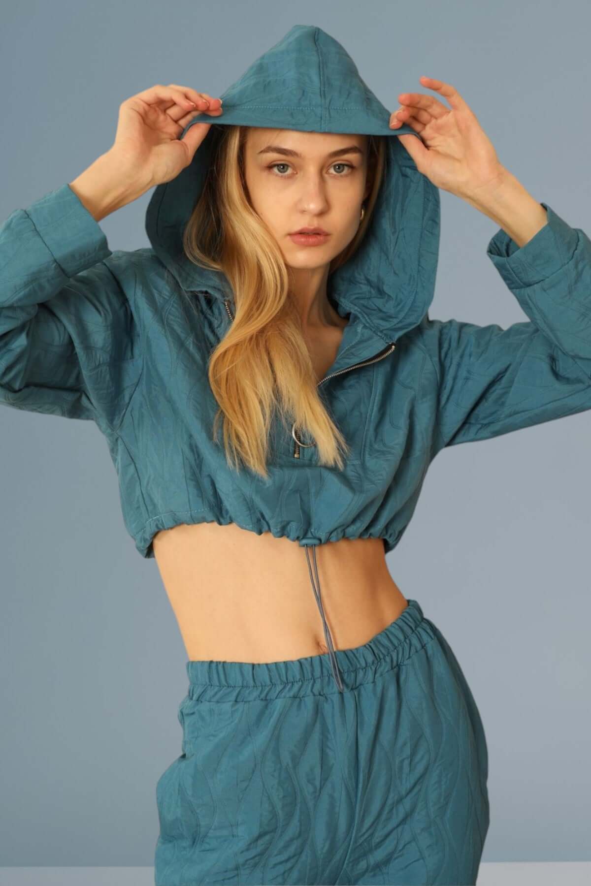 Quilted Cropped Hoodie - Indigo