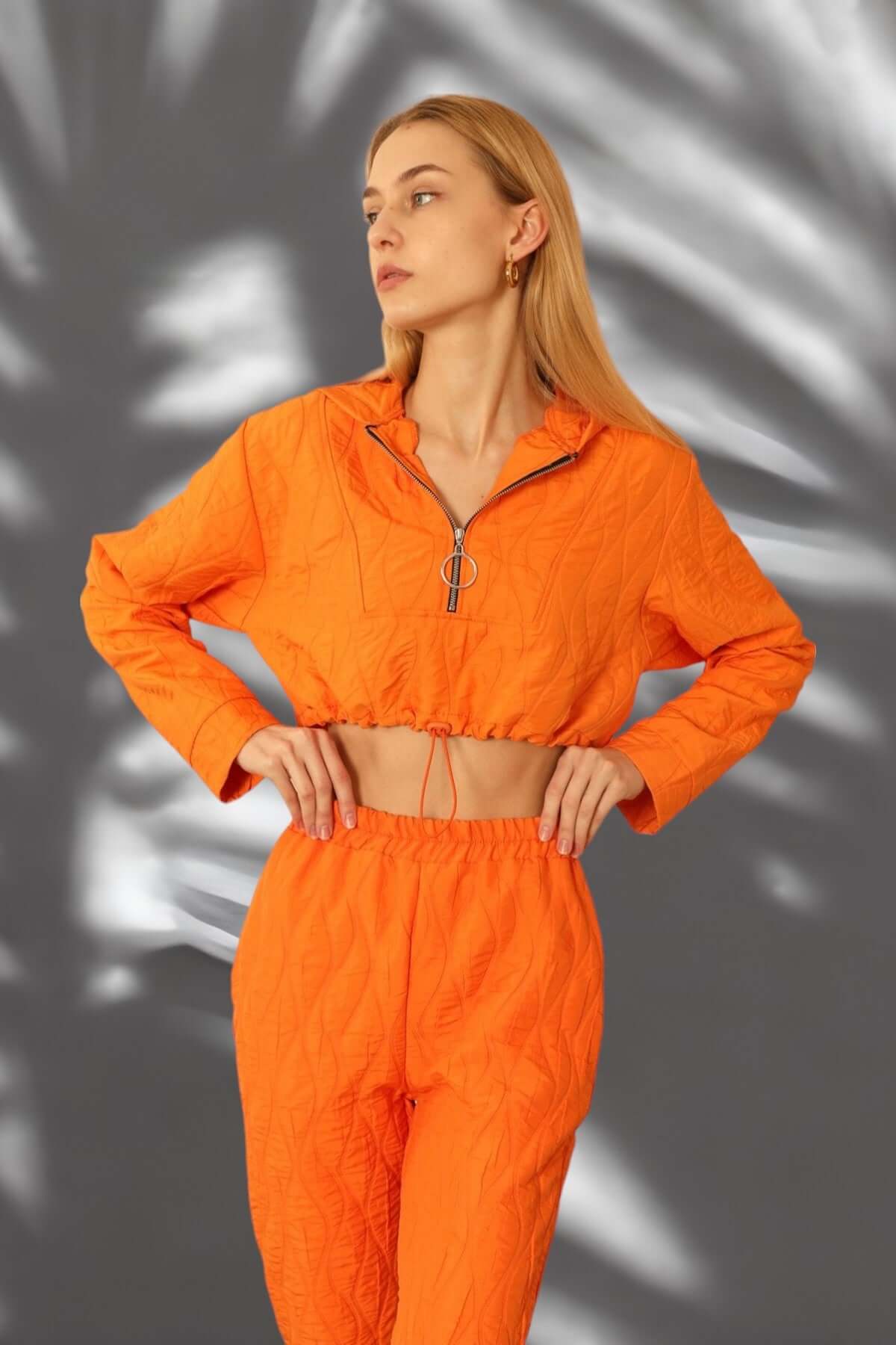 Quilted Cropped Hoodie - Orange