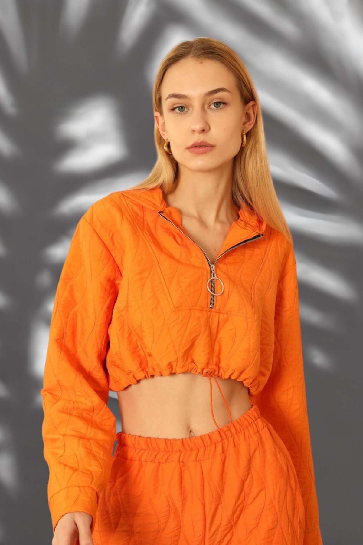 Quilted Cropped Hoodie - Orange