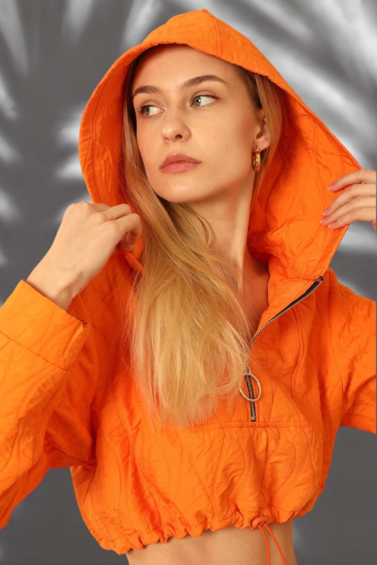 Quilted Cropped Hoodie - Orange