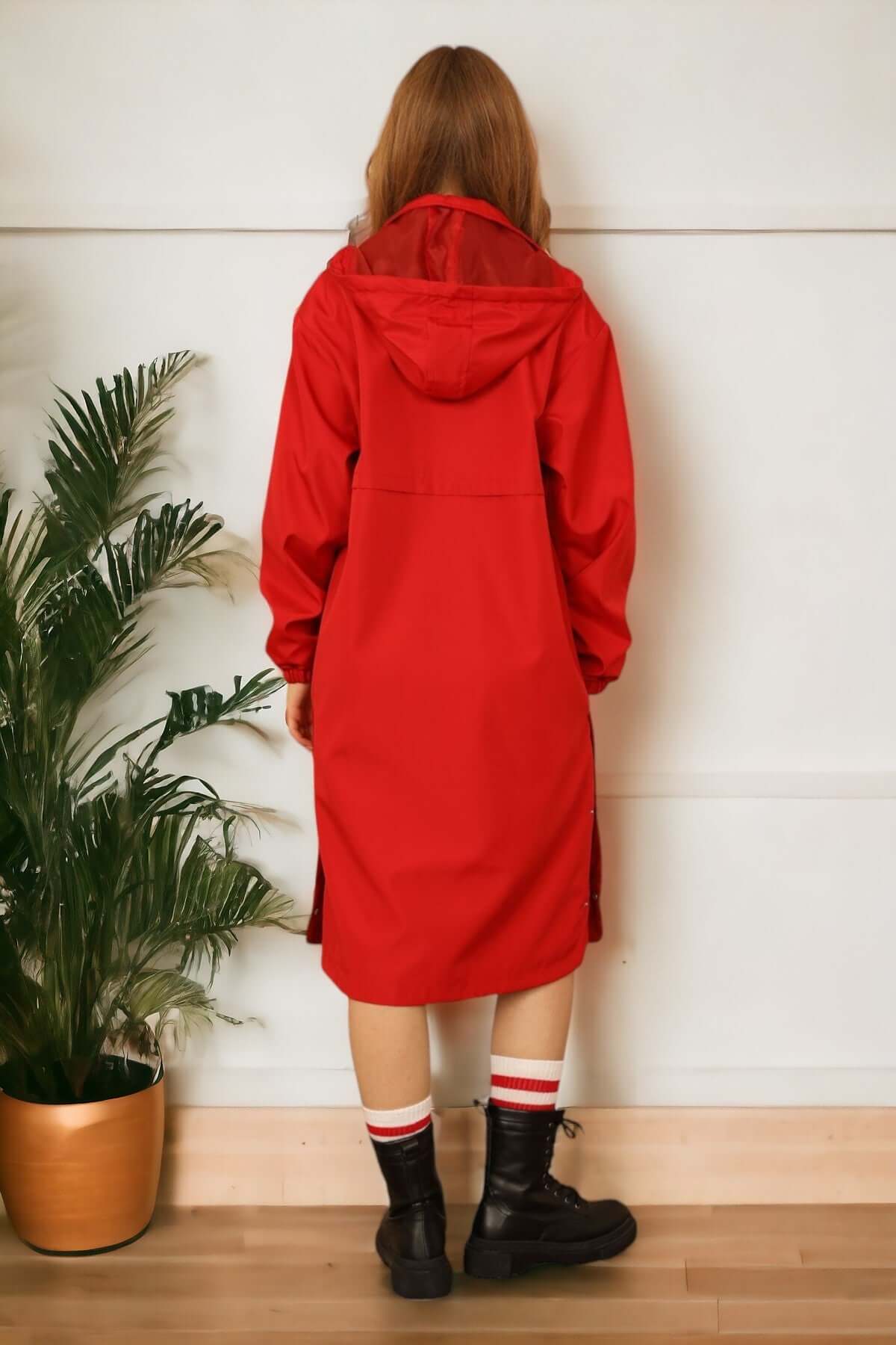 Hooded Coated Raincoat - Red