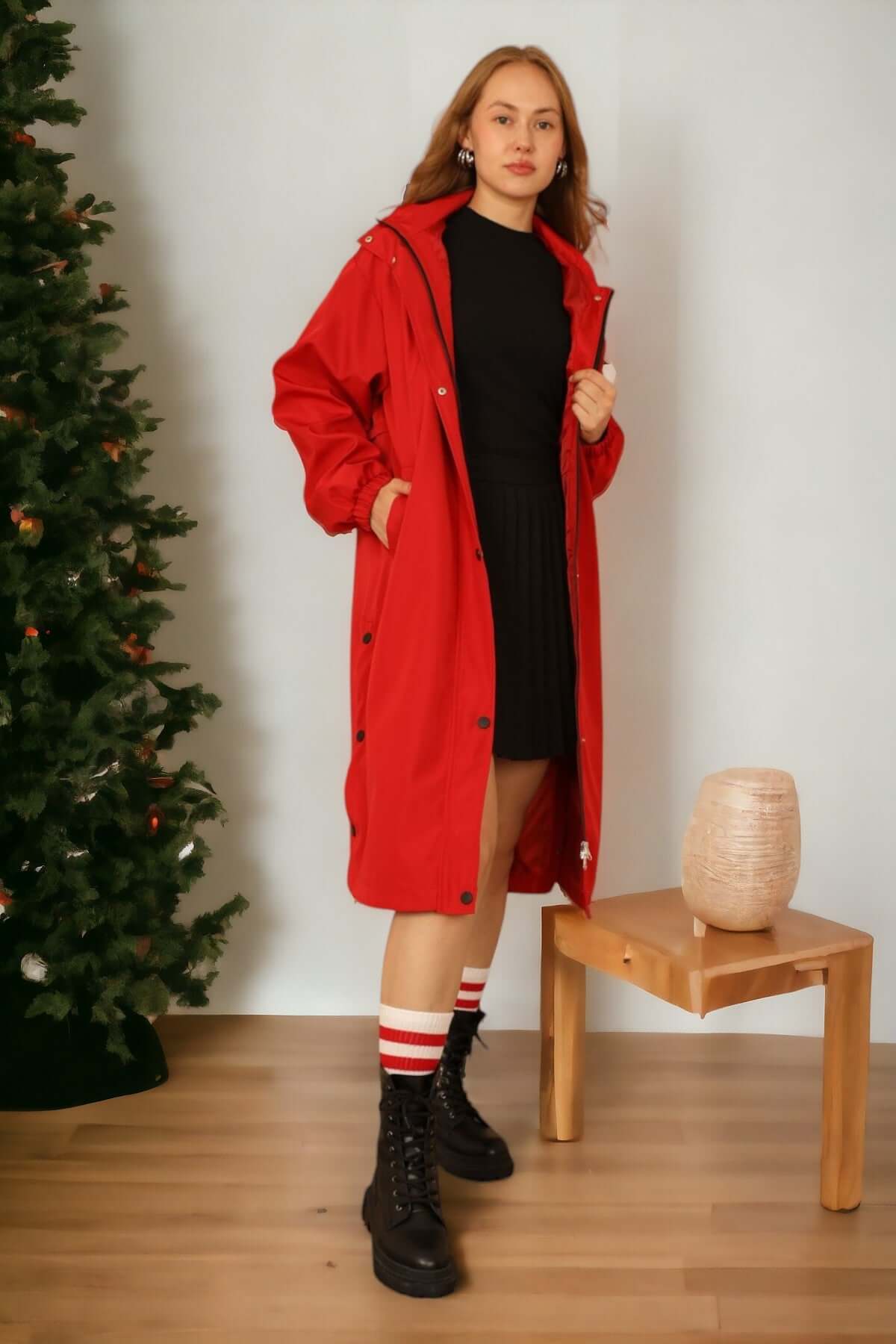 Hooded Coated Raincoat - Red