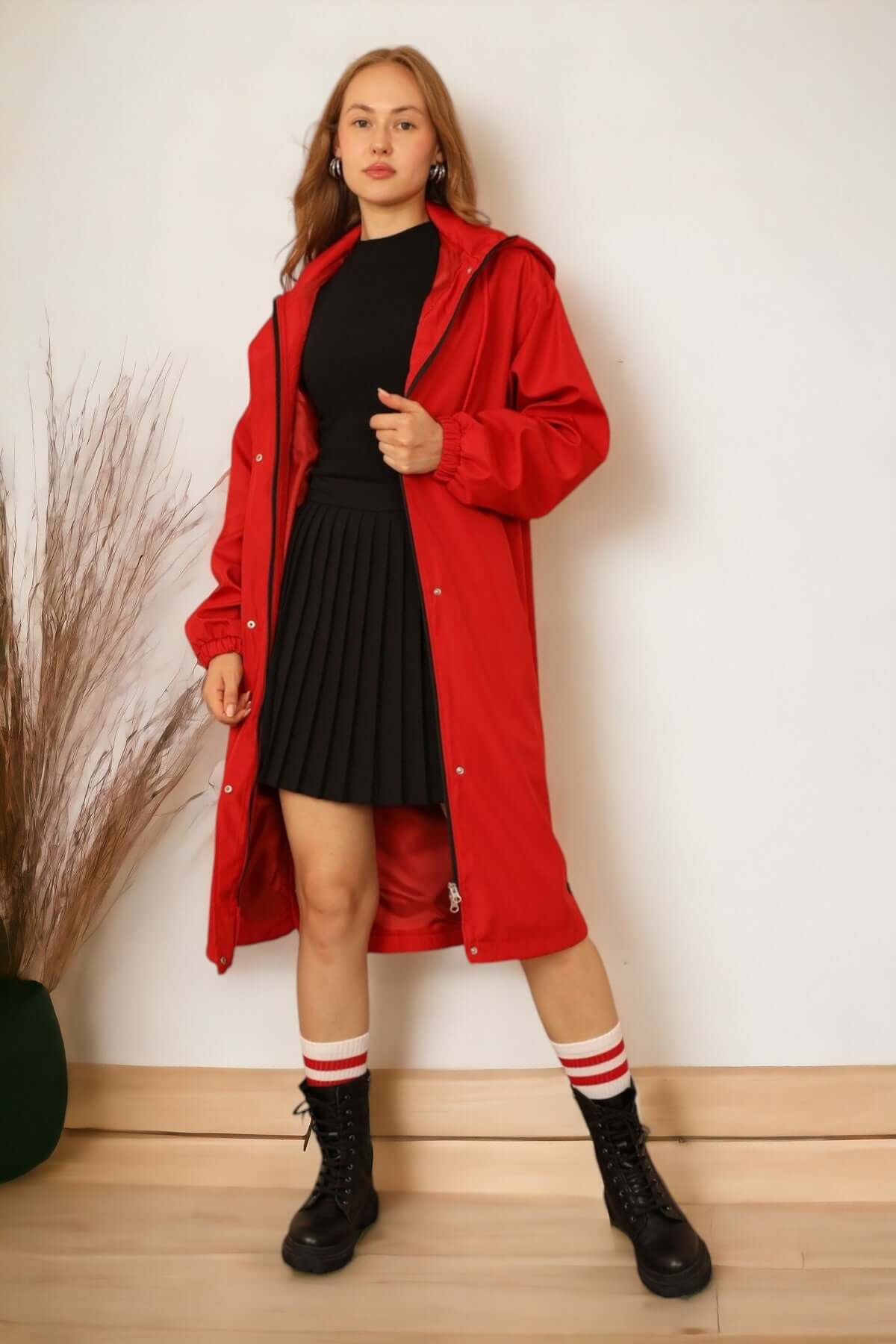 Hooded Coated Raincoat - Red