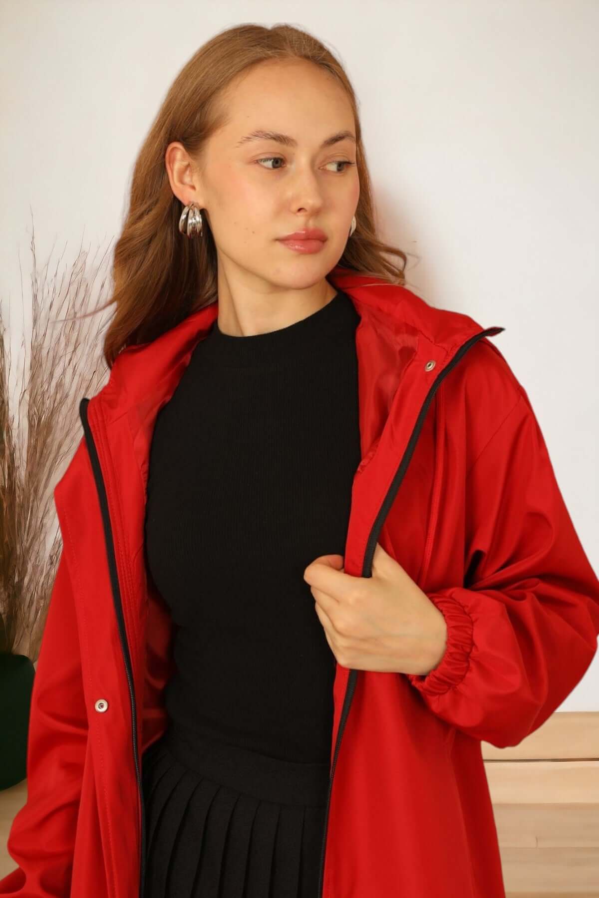 Hooded Coated Raincoat - Red