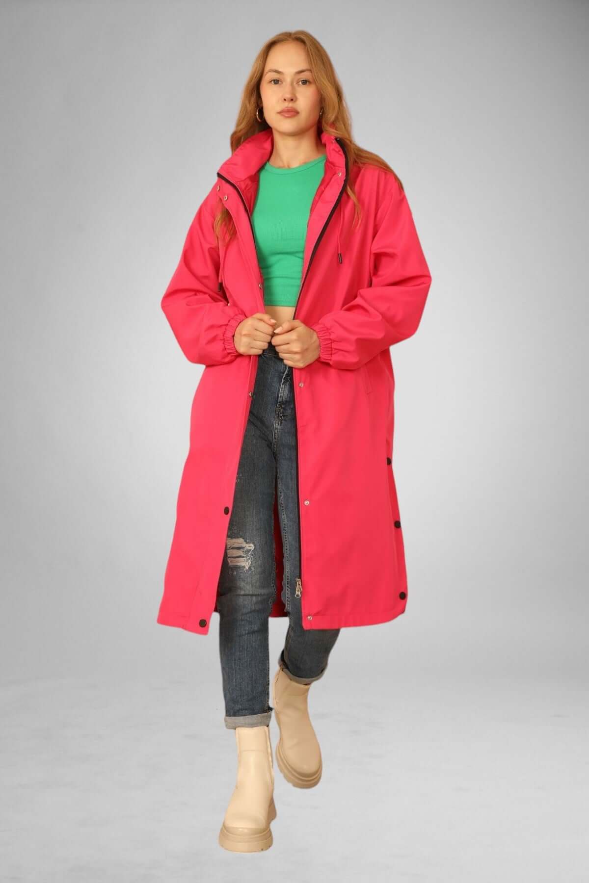 Hooded Coated Raincoat - Fuschia