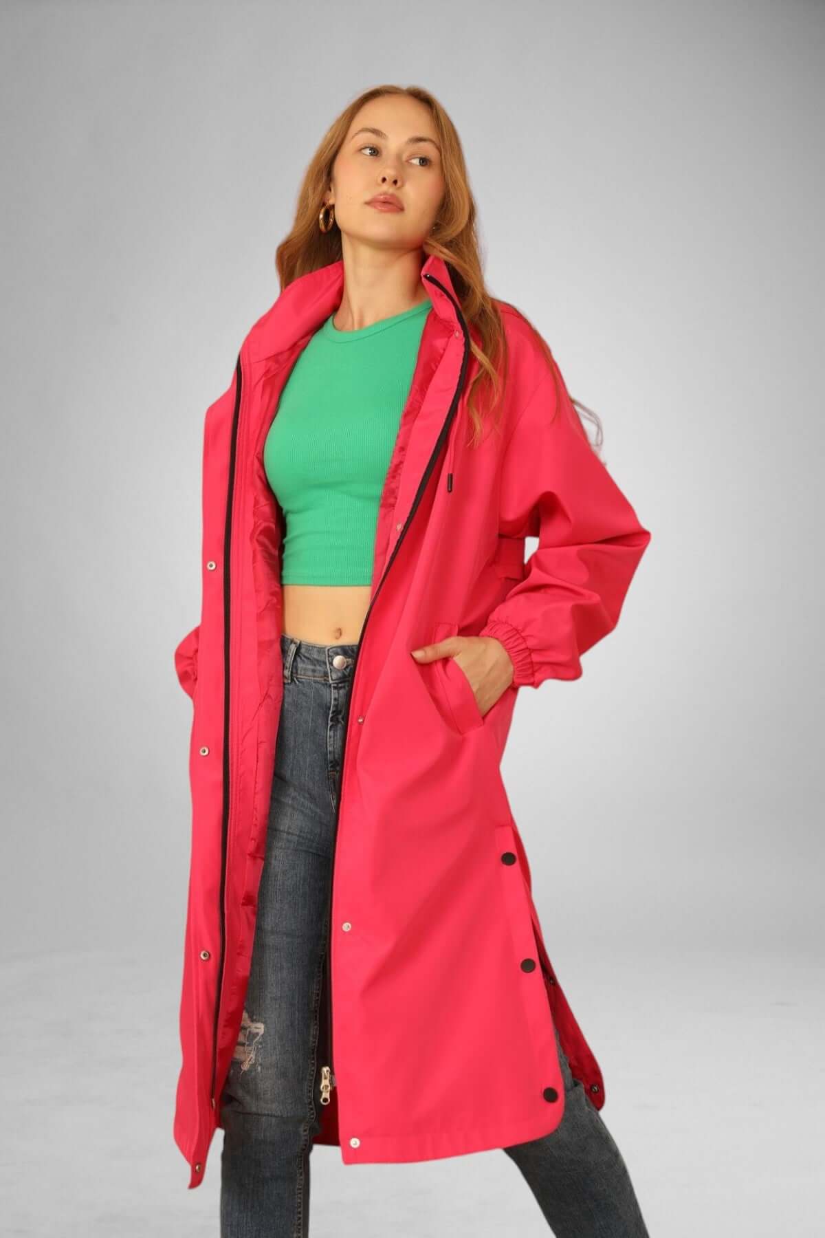 Hooded Coated Raincoat - Fuschia