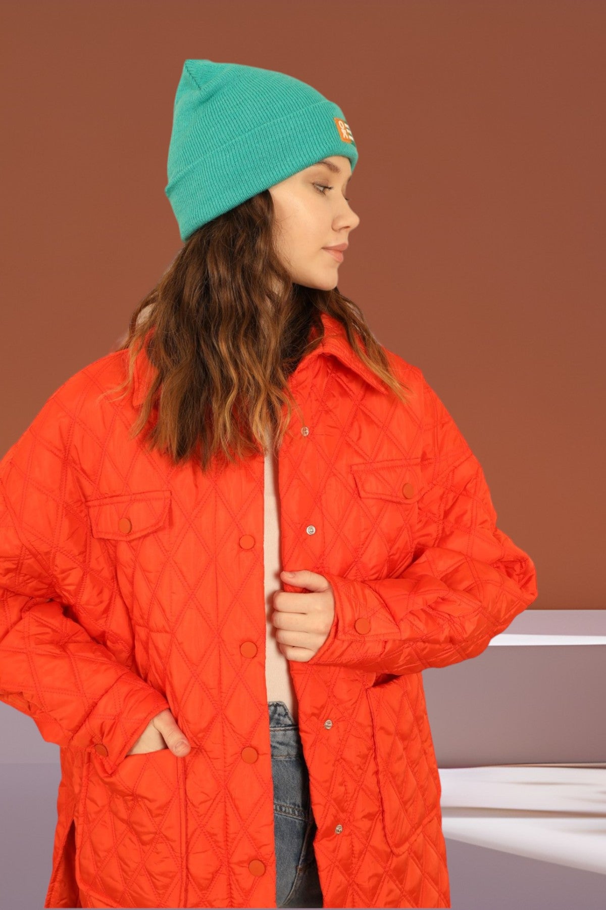 Oversize Quilted Shell Jacket - Orange