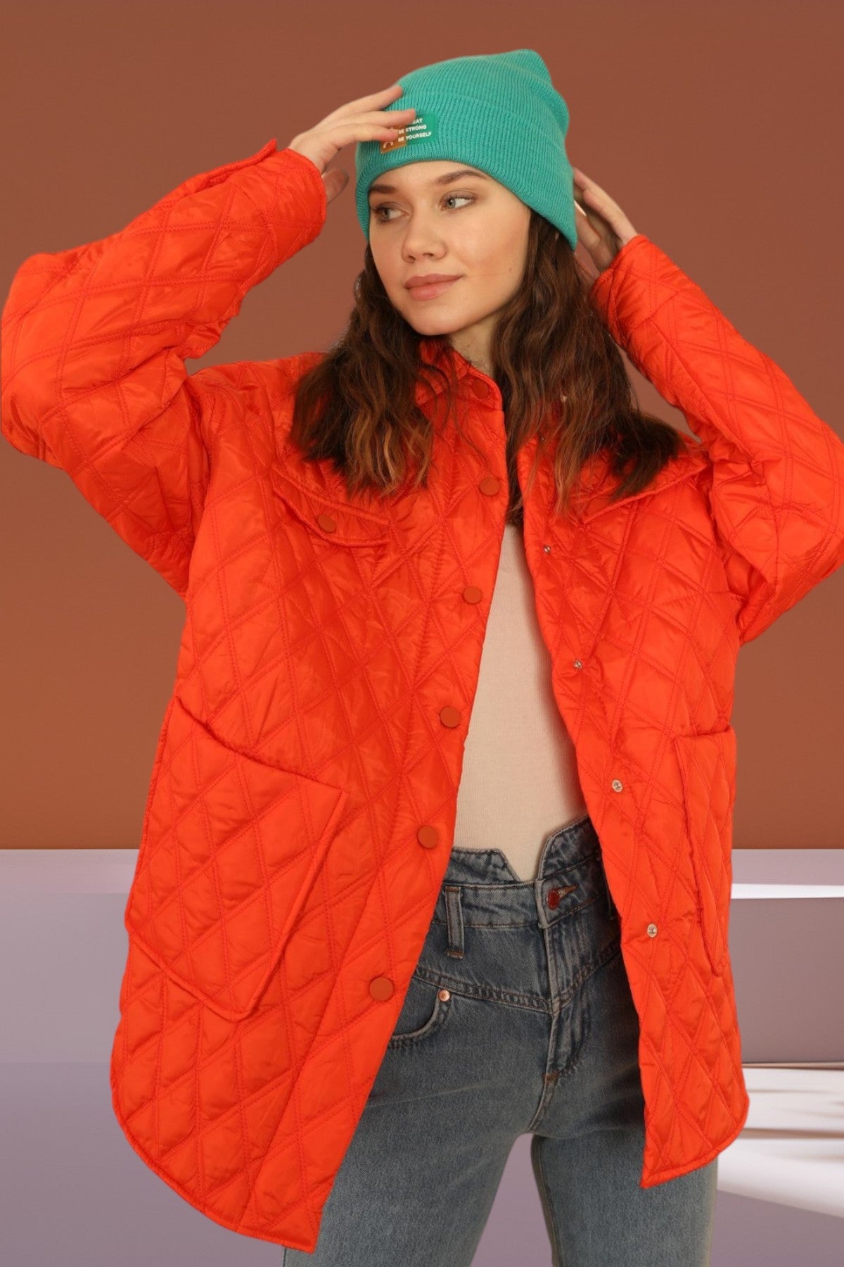 Oversize Quilted Shell Jacket - Orange